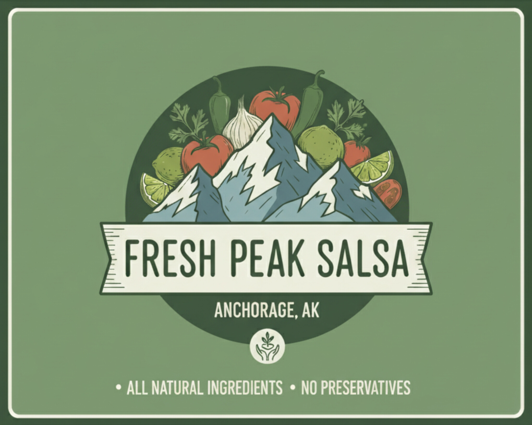 Label for Fresh Peak Salsa emphasizing all natural ingredients and no preservatives, with a mountain and produce illustration.