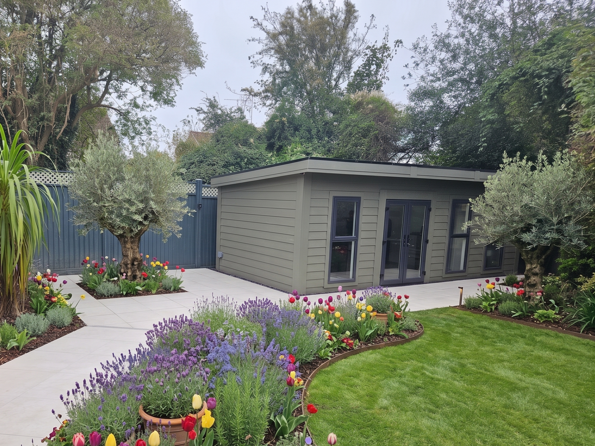 A backyard garden with a gray house, colorful flowers, and green trees. A paved patio area is visible with flower beds filled with tulips, lavender, and other plants. The sky is overcast.