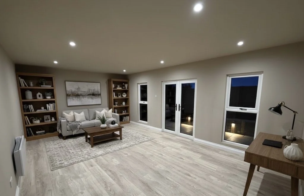 Living room with beige walls, light wood flooring, a white sofa, two wooden bookshelves, and a wooden coffee table. Windows and glass door showing the evening outside. Modern lamp on a small wooden desk, and a large framed artwork above the sofa.