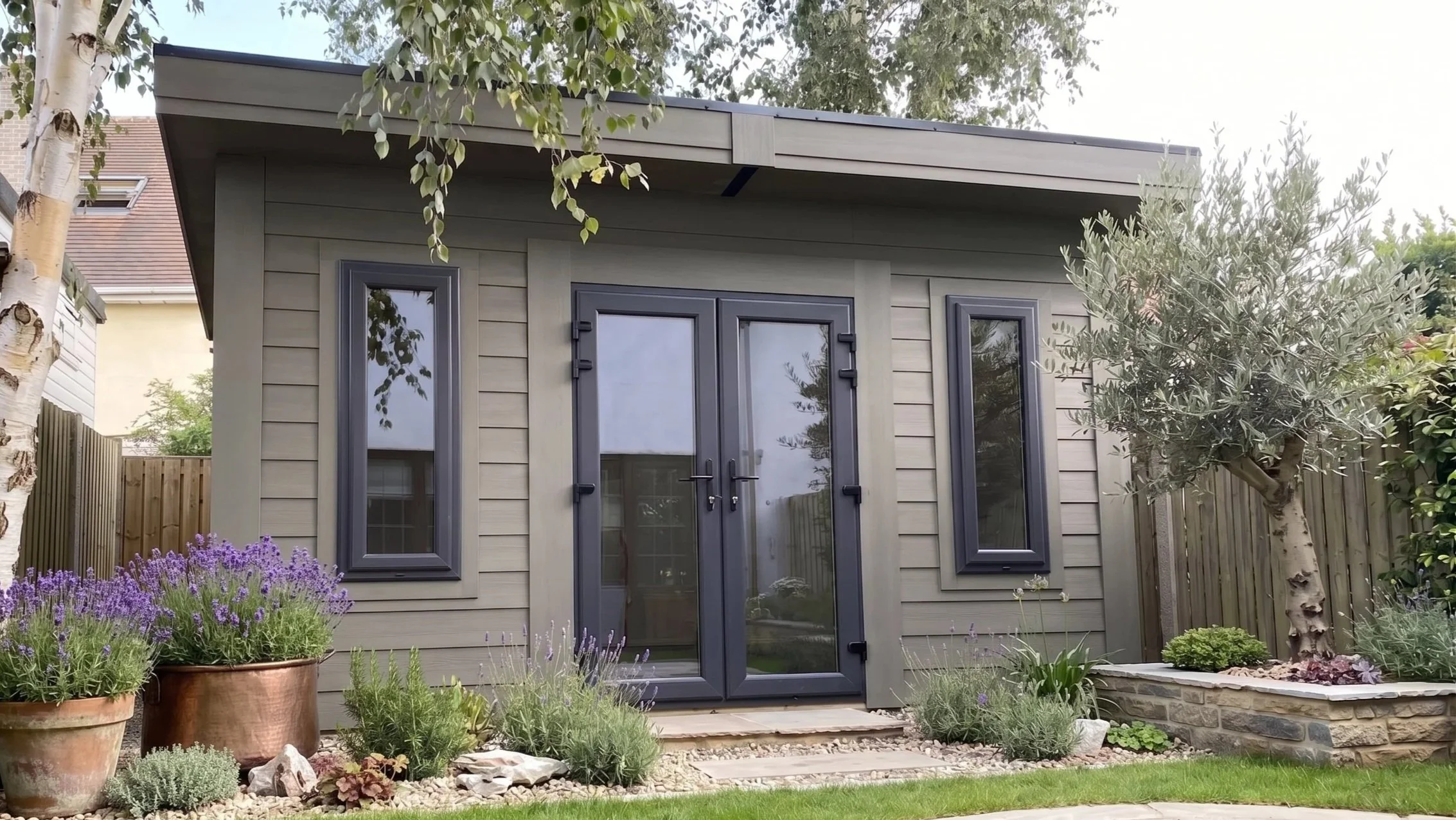 A small garden shed with beige siding and dark gray trim, surrounded by plants and flowers, with a wooden fence and trees in the background.