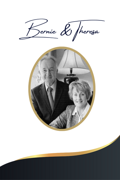 Black and white photo of Bernie and Theresa in an oval frame with a lamp in the background, on a white and navy blue background with gold accents.