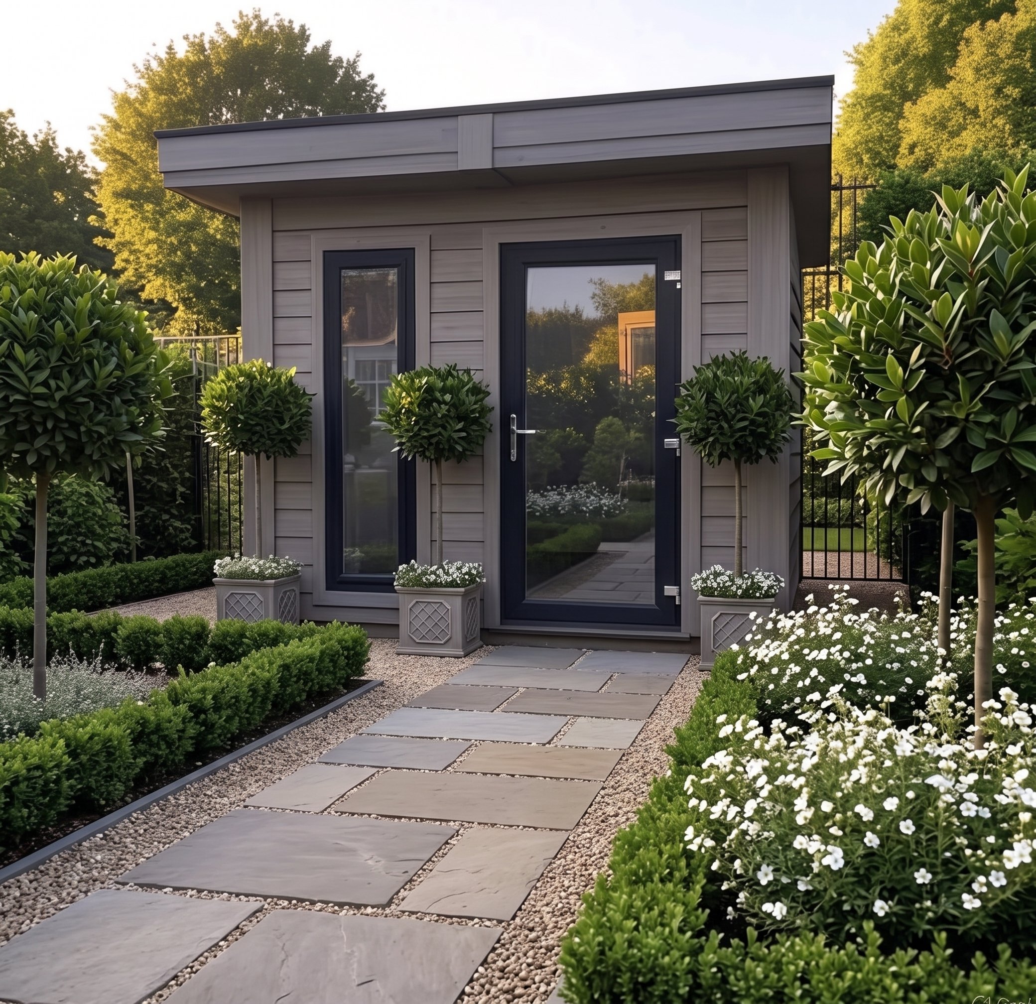 Small modern house with gray wood siding and black-framed glass door, surrounded by landscaped garden with trimmed bushes, white flowers, and a stone pathway, in a sunny outdoor setting with trees in the background.