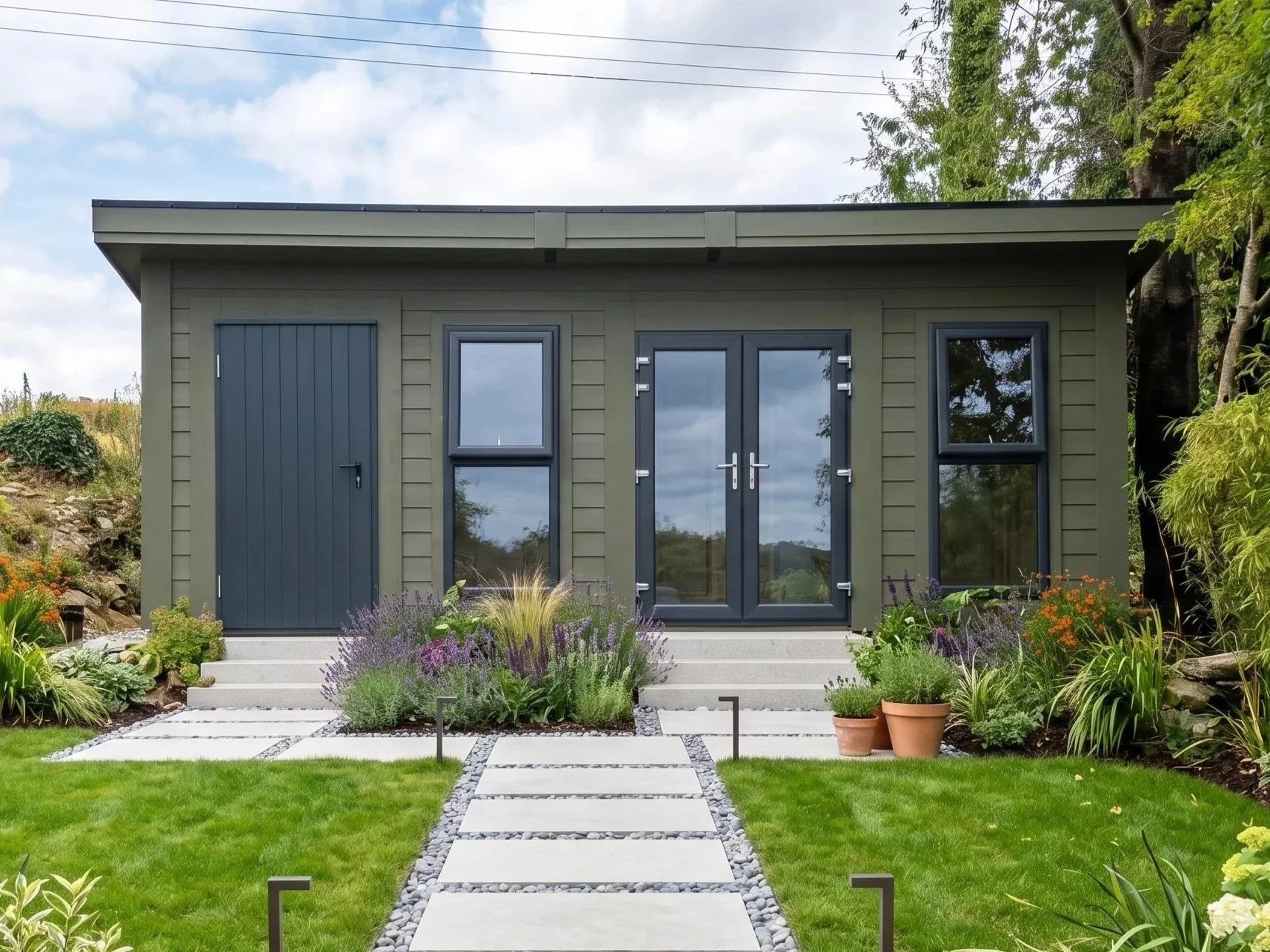 A small modern grey house with a side door and large glass double doors in the middle, surrounded by a well-maintained garden with stepping stone pathway and colorful plants.