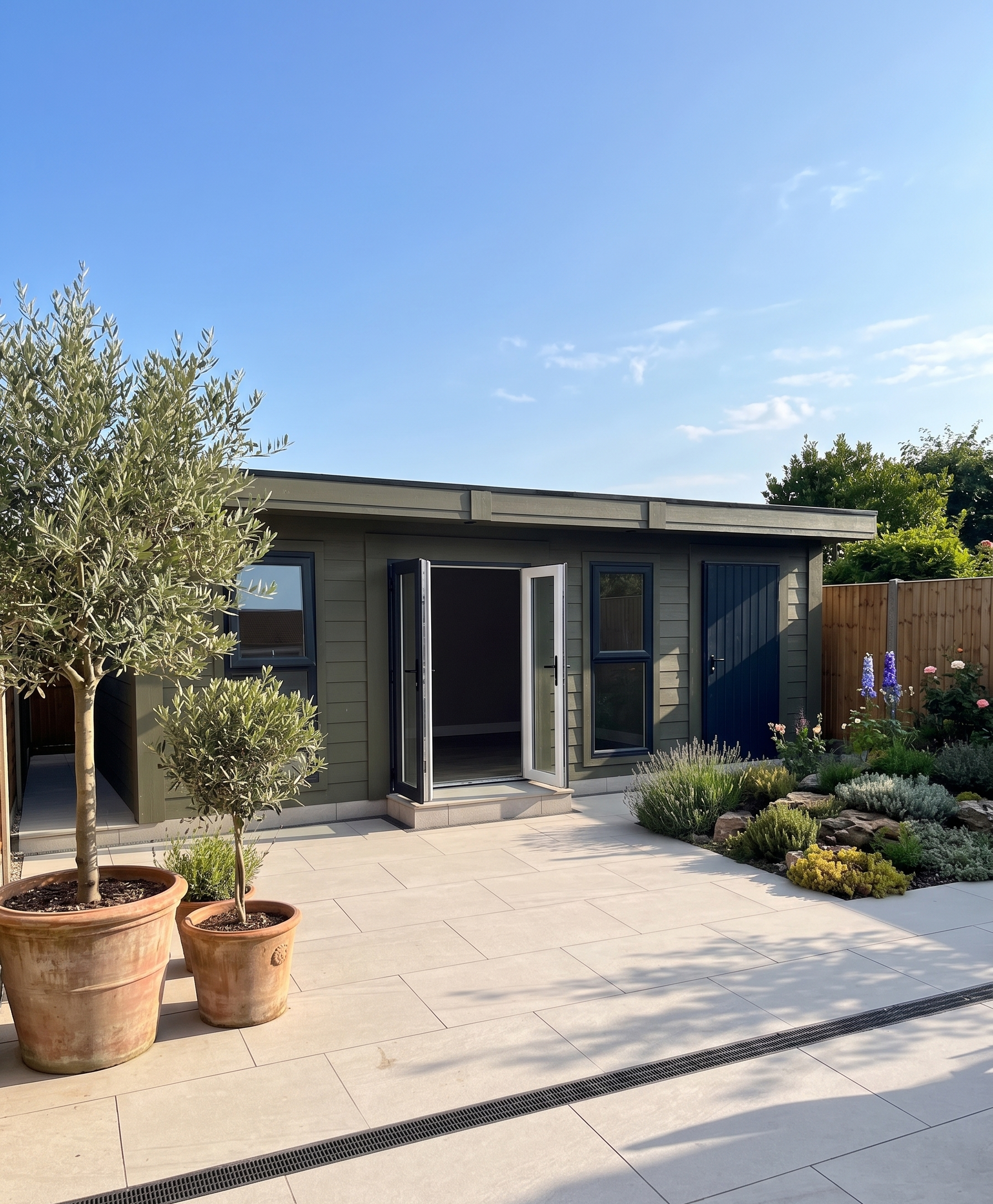View of a modern backyard with potted plants, a garden, and a house with open windows under a blue sky.