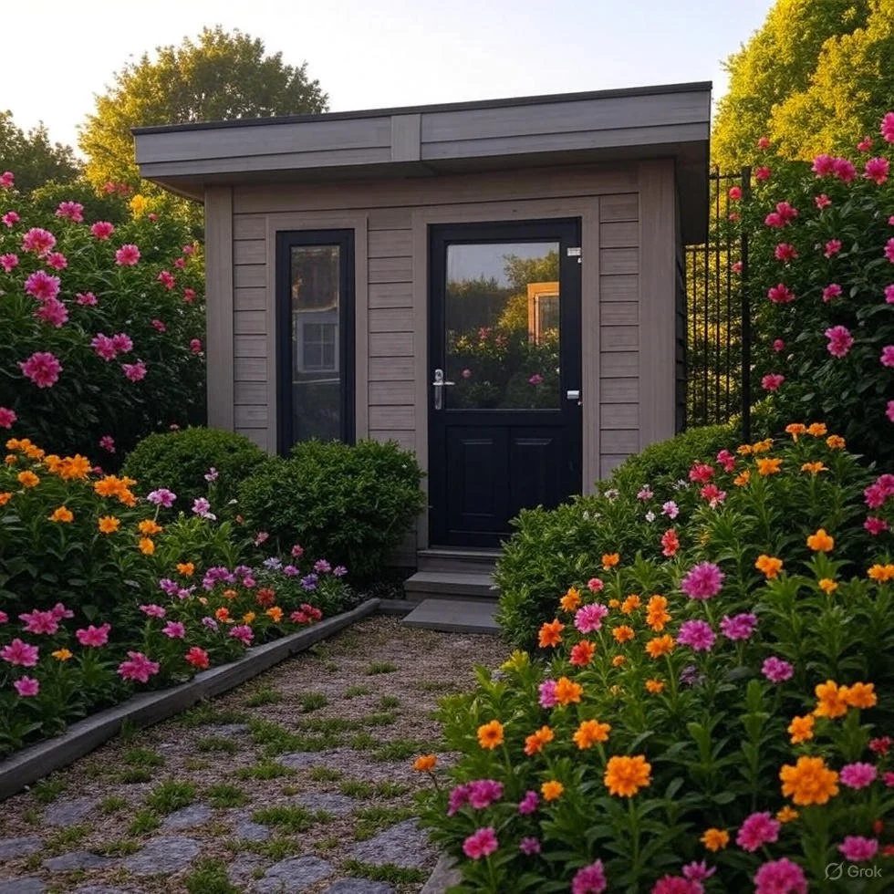 A small garden shed with a black door and window, surrounded by colorful pink and orange flowers and green bushes, with a pathway leading to the entrance.