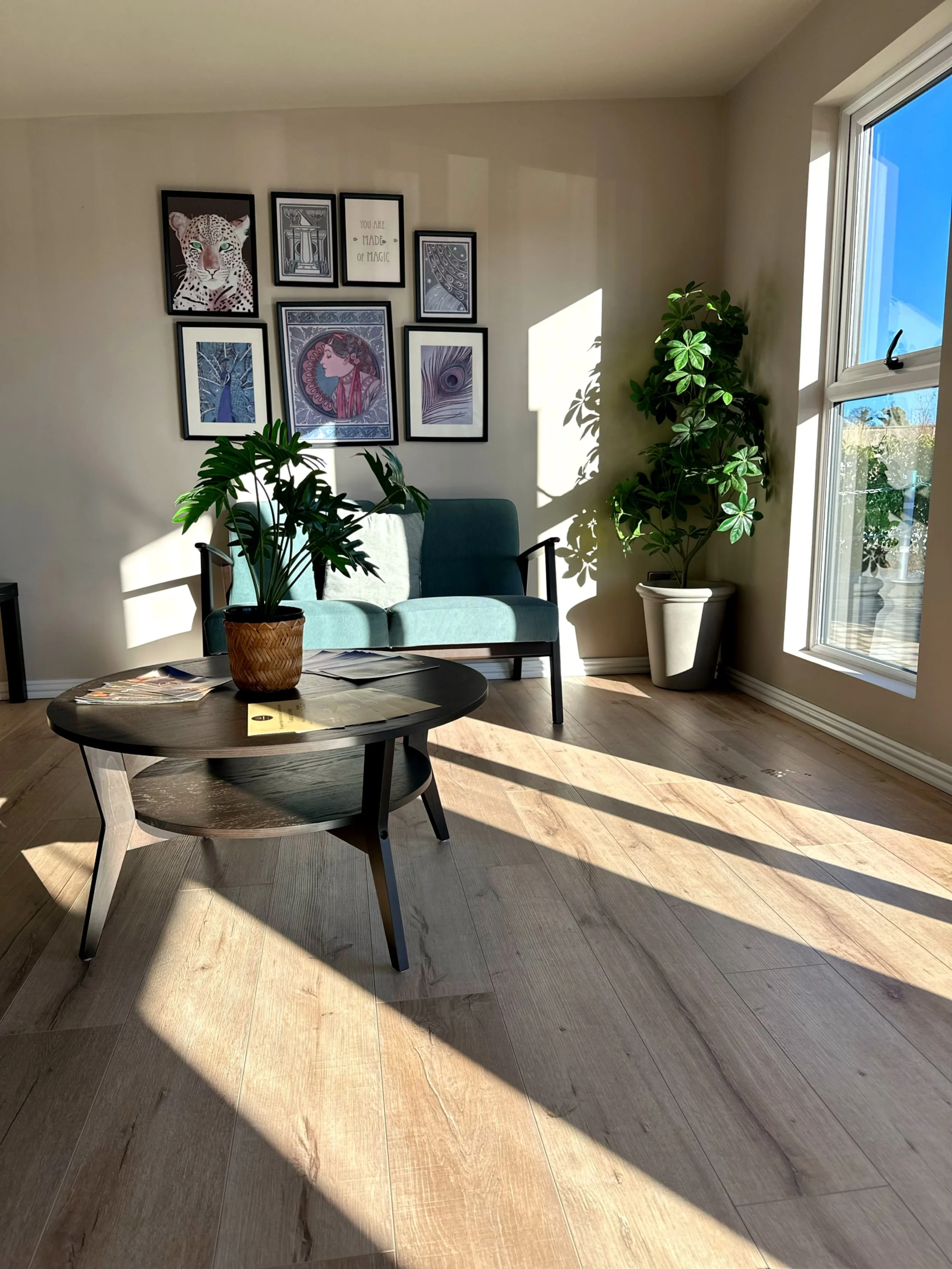 Sunlit living room with a small black coffee table, a teal loveseat, and two potted plants near a large window. A gallery wall with framed artwork including a leopard, a woman, and abstract designs is on the wall.