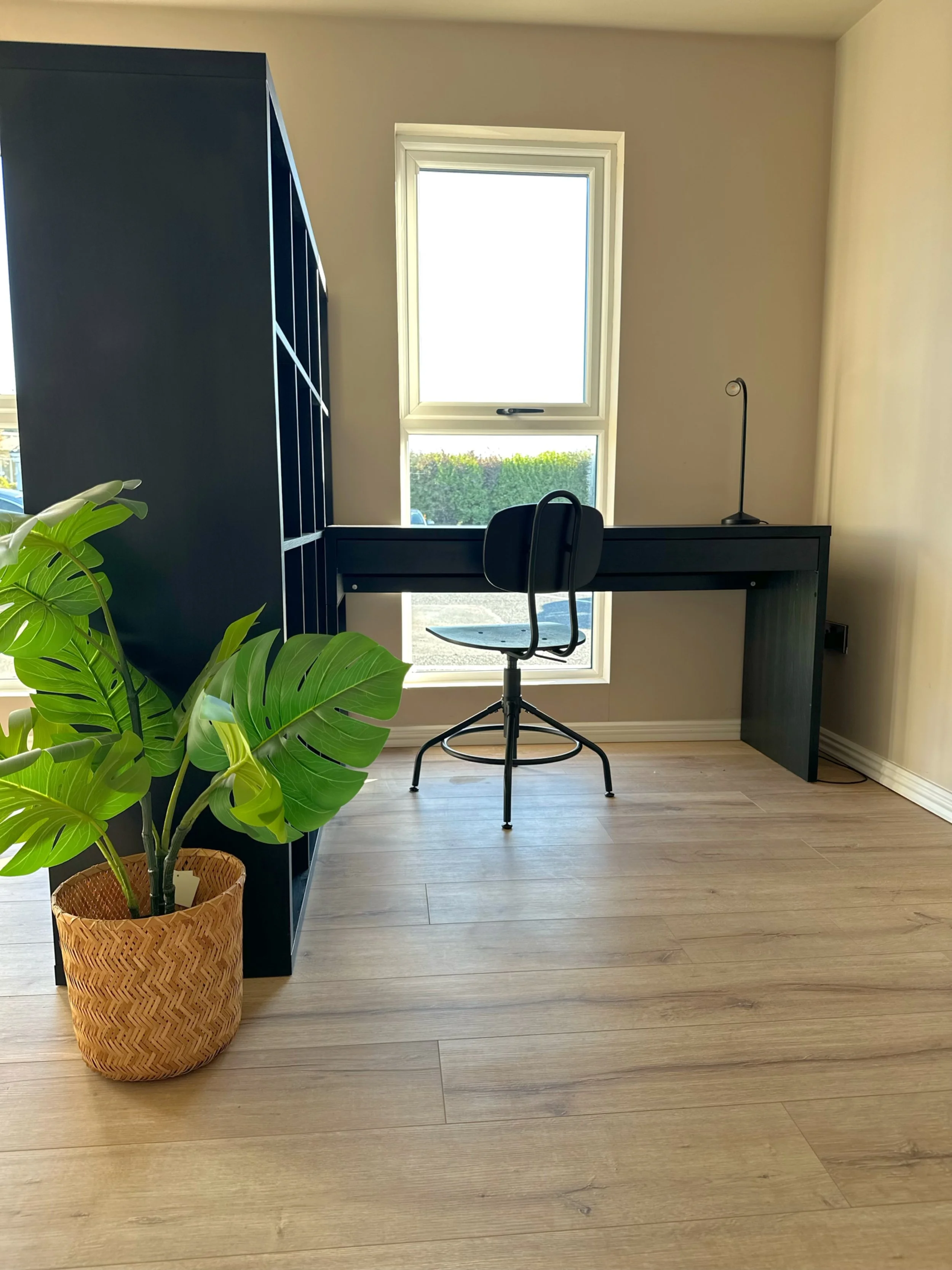 Home office with a black desk facing a window, a black office chair, a large leafy green plant in a woven basket, natural light coming through, and light-colored wooden flooring.