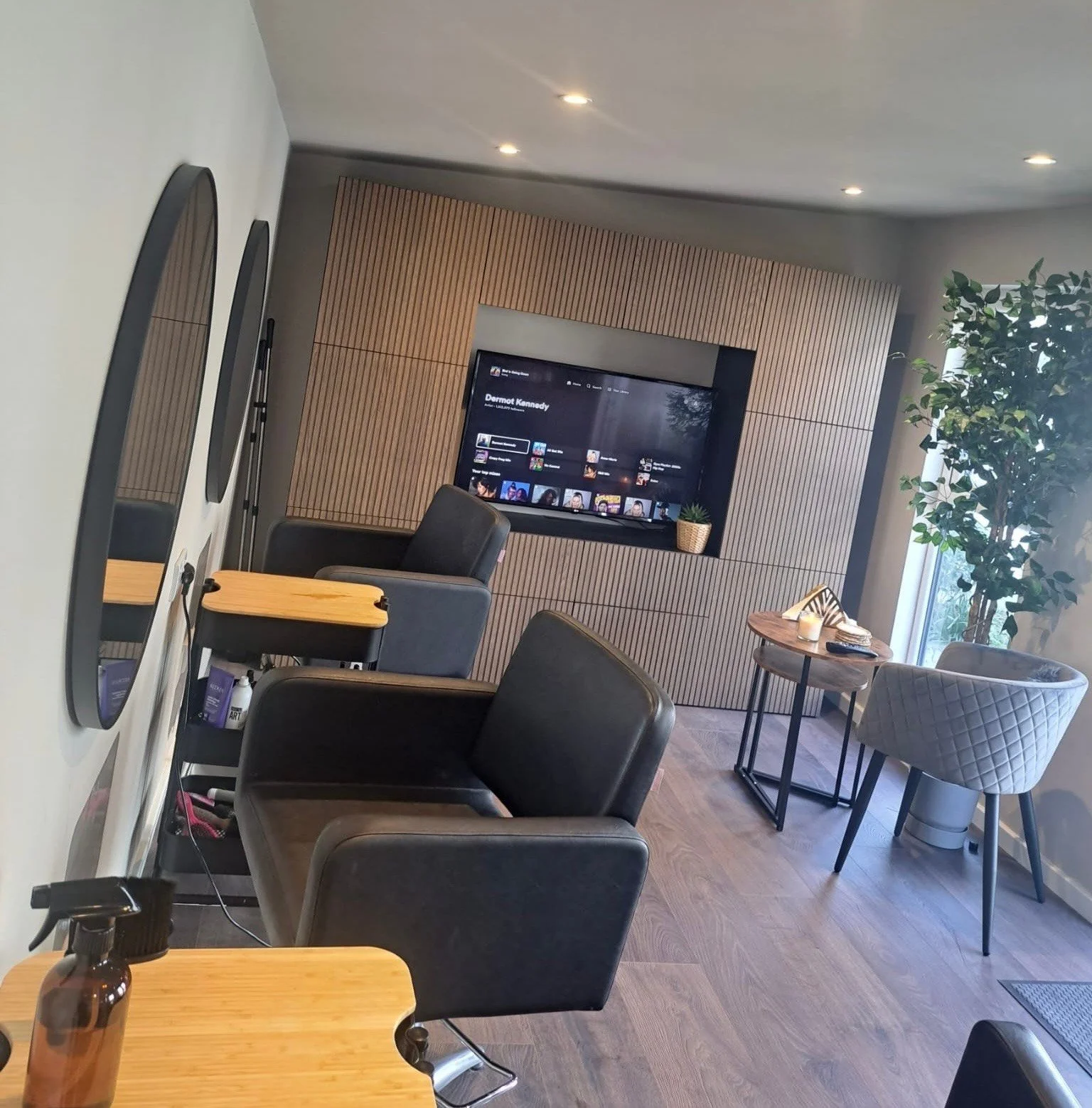 A modern living room or lounge area with a flat-screen TV embedded in a wooden-paneled wall, a large potted plant, a large window, and multiple chairs and tables arranged around the space.