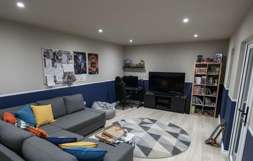 A living room with a sectional sofa, colorful cushions, a circular geometric rug, a TV on a stand, a bookshelf, a gaming chair, and a skateboard beside the door, with some wall decorations and framed pictures.