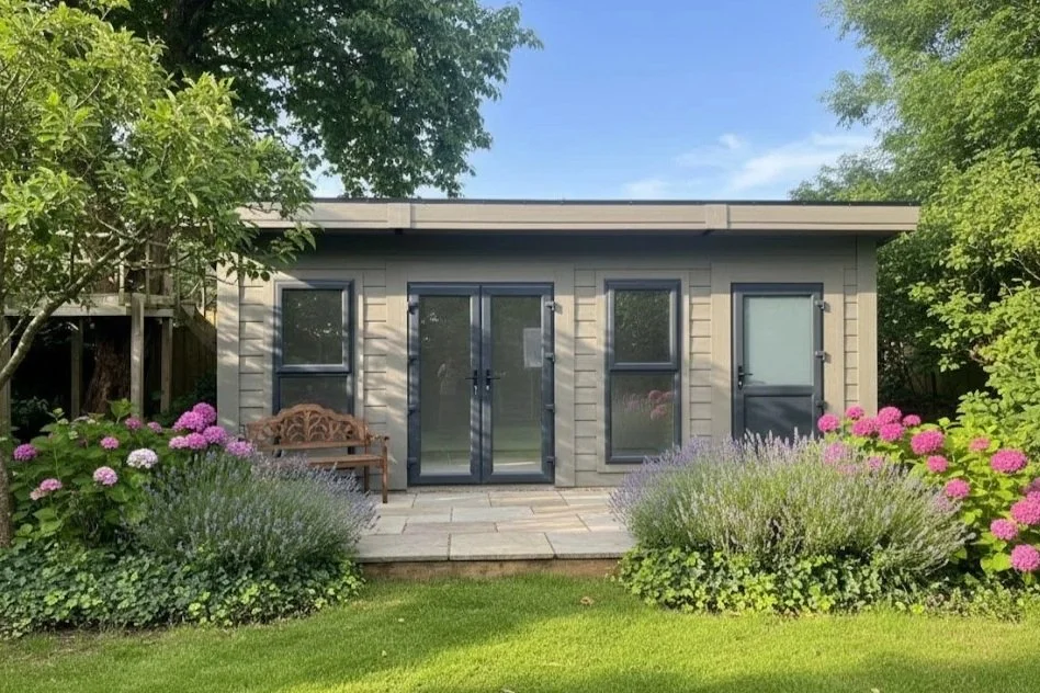 A small garden shed with gray siding, three doors, and two windows, surrounded by flowering plants and bushes, with a lawn and trees in the background.