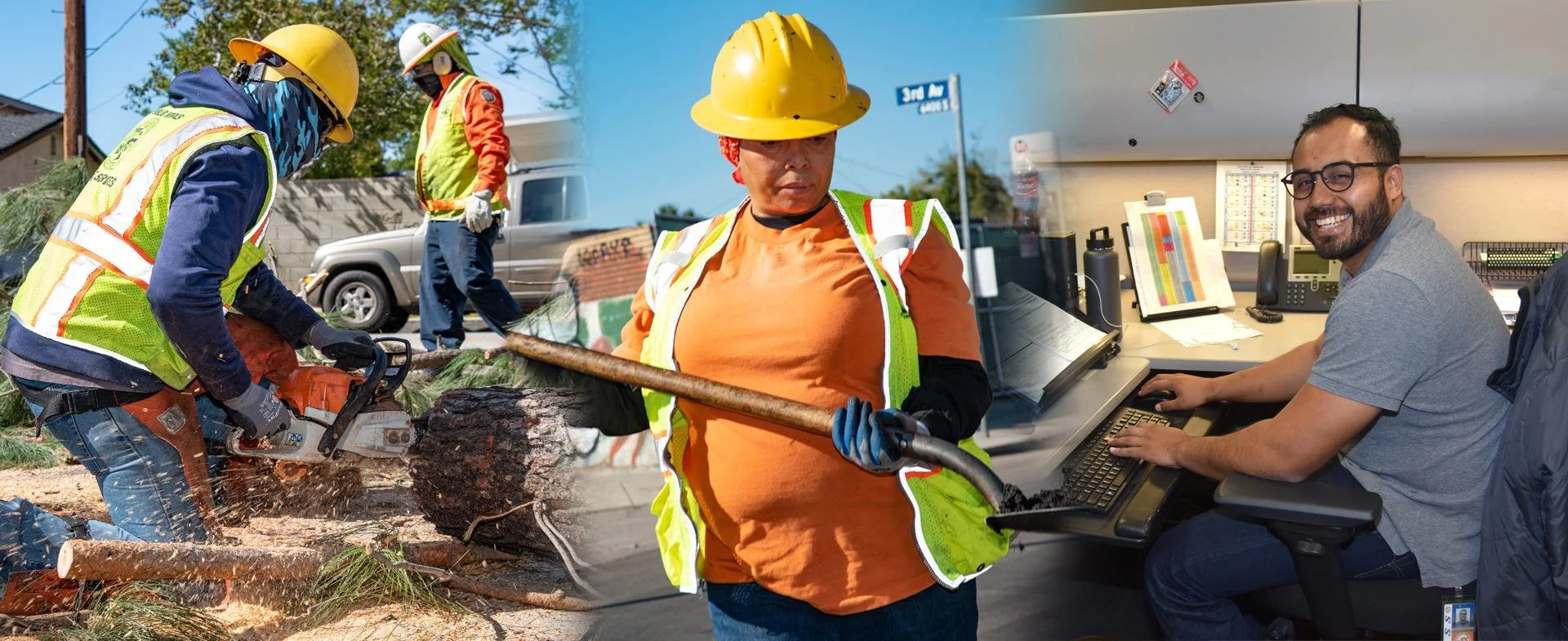 A construction worker in a yellow safety helmet and vest holding a chainsaw cutting a fallen tree, with another worker in the background also wearing safety gear. To the right, a man in glasses is working at a desk on a computer in an office.