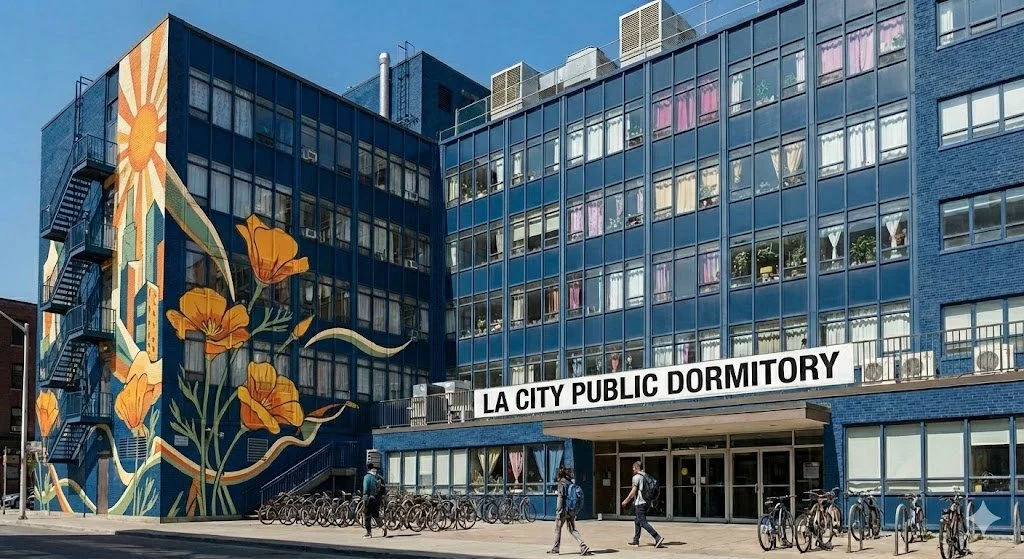 A multi-story building labeled 'LA City Public Dormitory' with a colorful mural of flowers and a sun on one side, and bicycles parked in front.