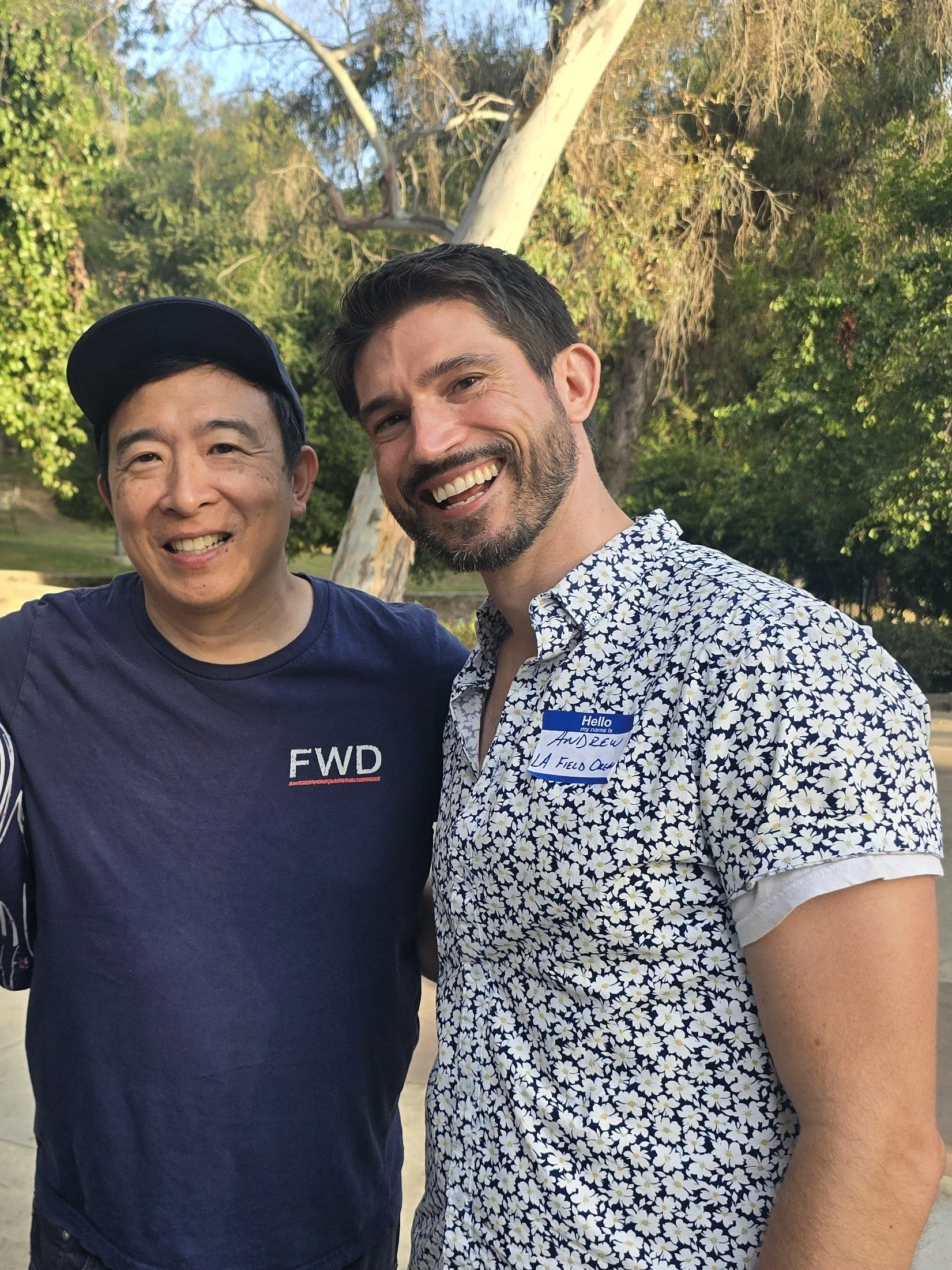 Andrej Selivra with Andrew Yang at a community organizing event for the Forward Party