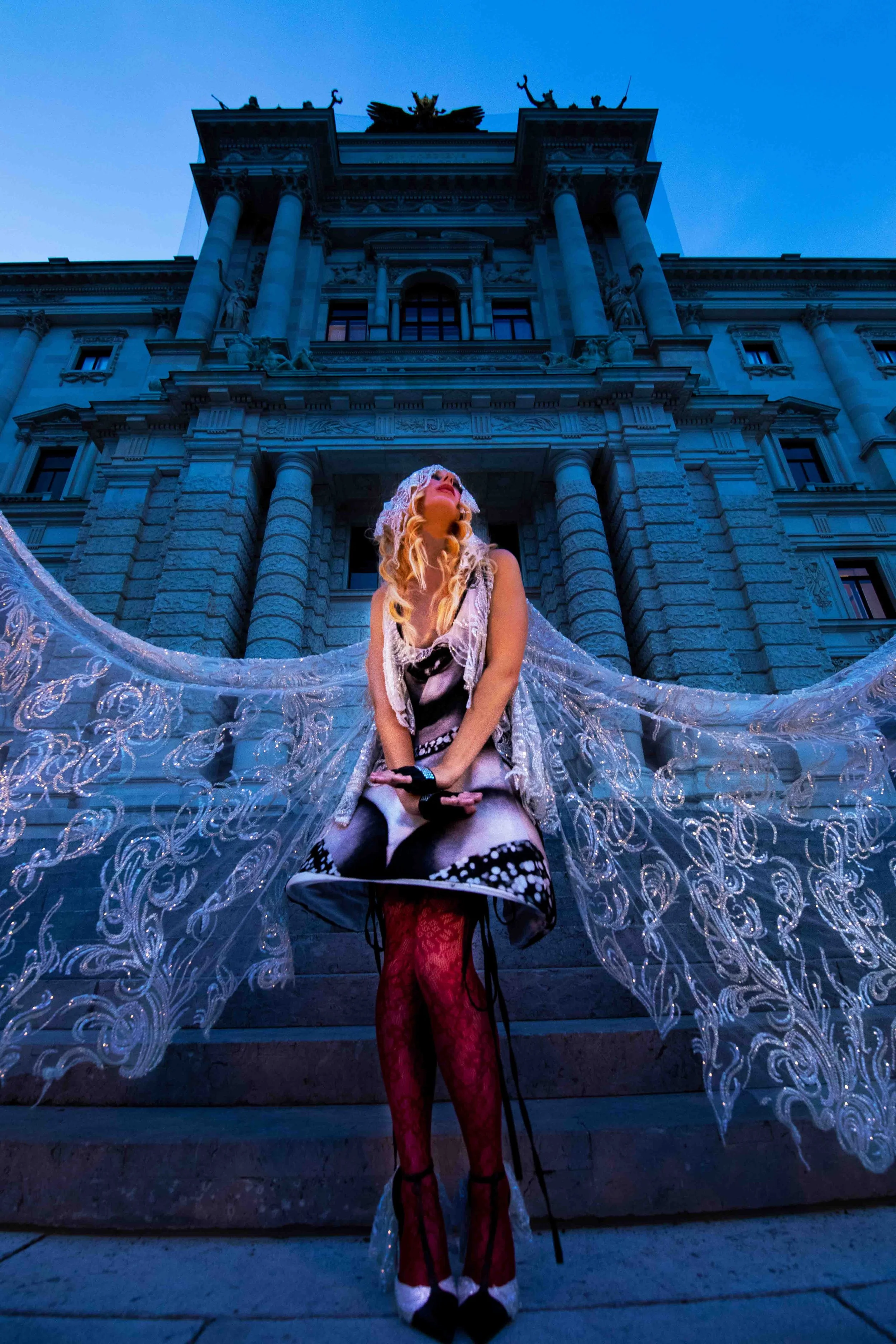  Dress, headpiece, shoes: Julian Scarry @scarryjulia  •  Tights:  thereformation.com   •  Gloves: Ajoureaccessories 