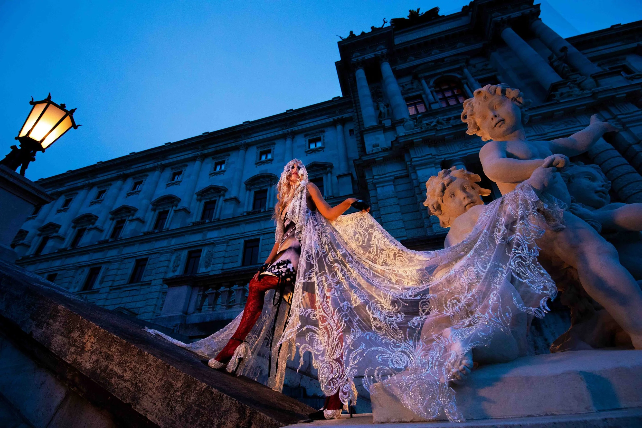  Dress, headpiece, shoes: Julian Scarry @scarryjulia  •  Tights:  thereformation.com   •  Gloves: Ajoureaccessories 