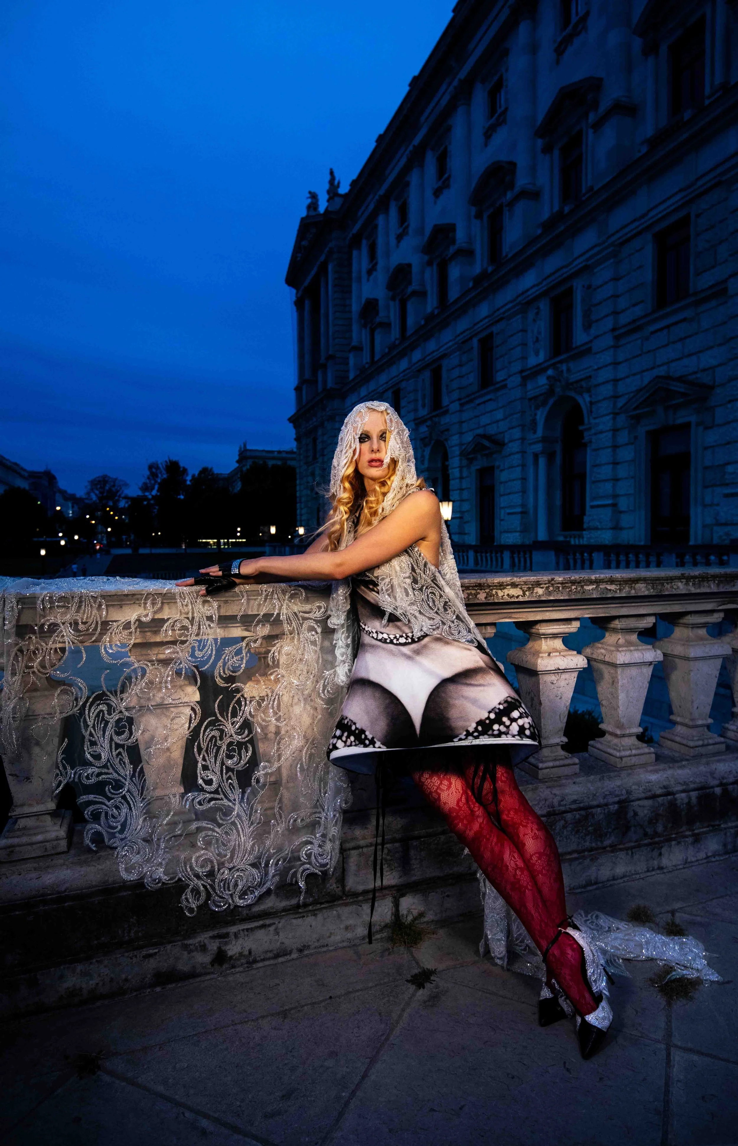  Dress, headpiece, shoes: Julian Scarry @scarryjulia  •  Tights:  thereformation.com   •  Gloves: Ajoureaccessories 