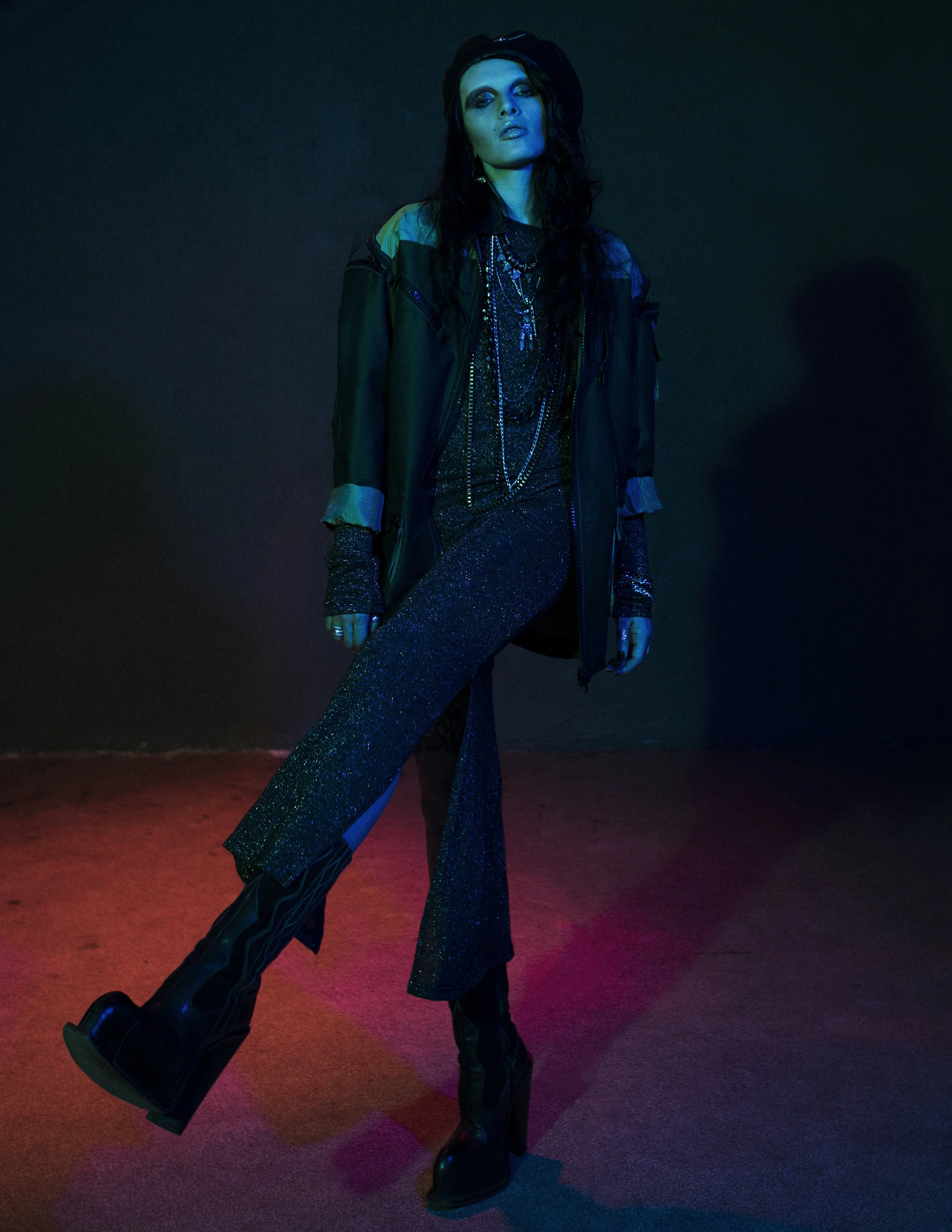  Photographer: Raisa Kanareva  Fashion Designer, Slylist, Make-up and haire artist, Androgynous model: Alex No  Wardrobe Credits:   Jacket, dress, beret –  A.No  design / Boots – Luichiny  Jewelry – stylist’s property 