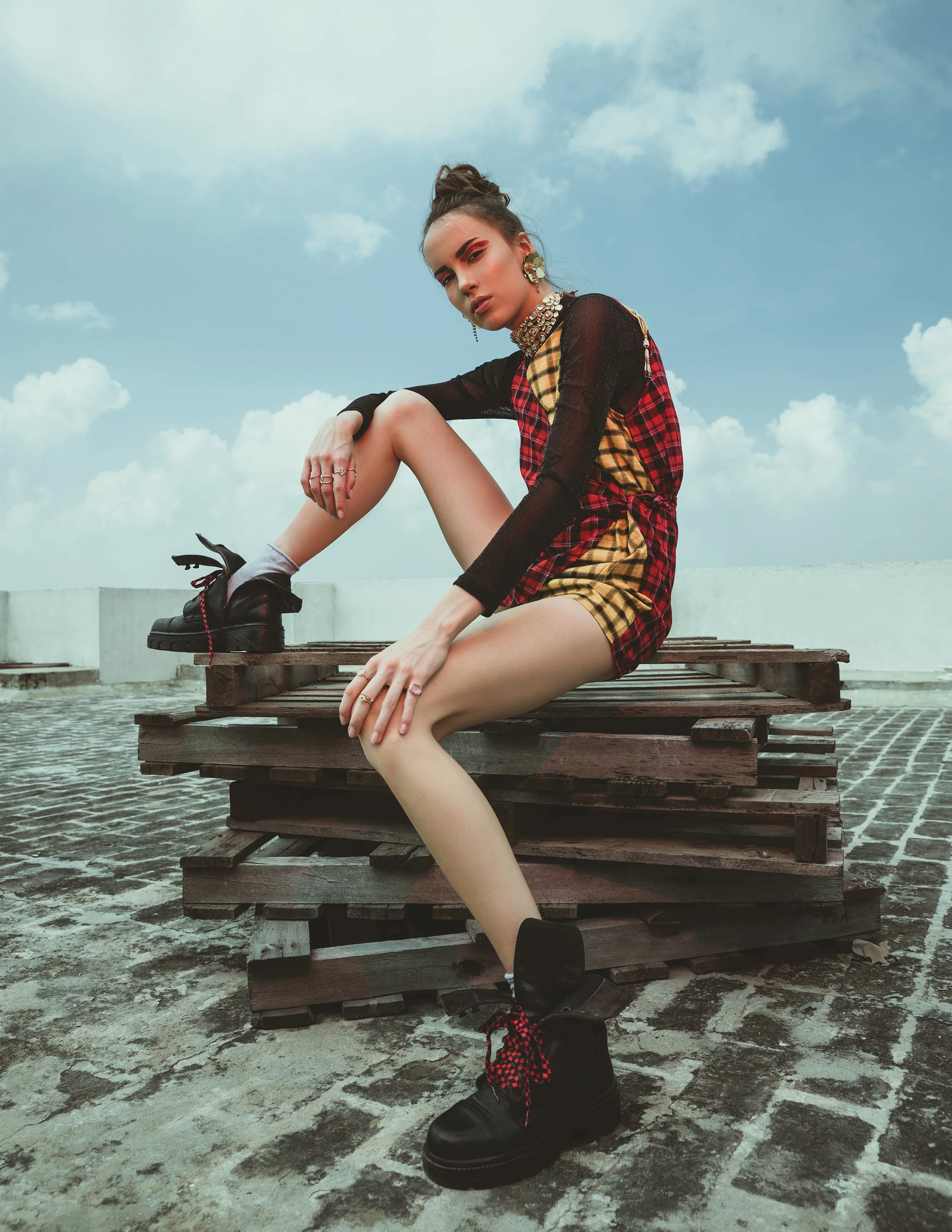  Wardrobe Credits:   Blue Faux Fur Jacket – H&amp;M  Footwear – Knotty Derby  White Tights – Selfridges &amp; co  Metallic Necklace - Topshop  Netted Mesh Top - Bianca Fyre  Headgear by Henna Parimoo 