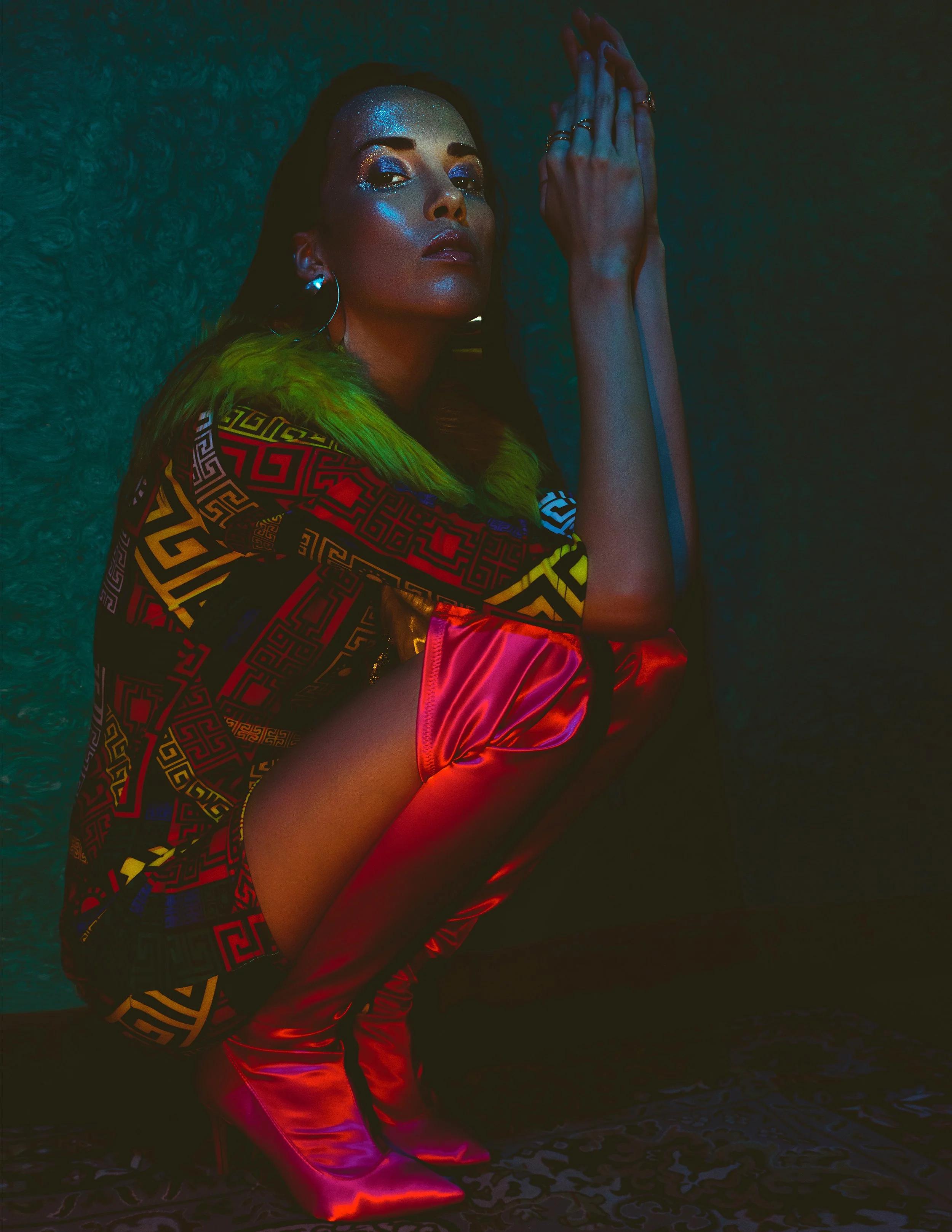  Wardrobe Credits:   Metallic Paneled Bodycon- Parisian  Medallion Bodycon – Topshop  Earrings - Livy  Headgear by Henna Parimoo 