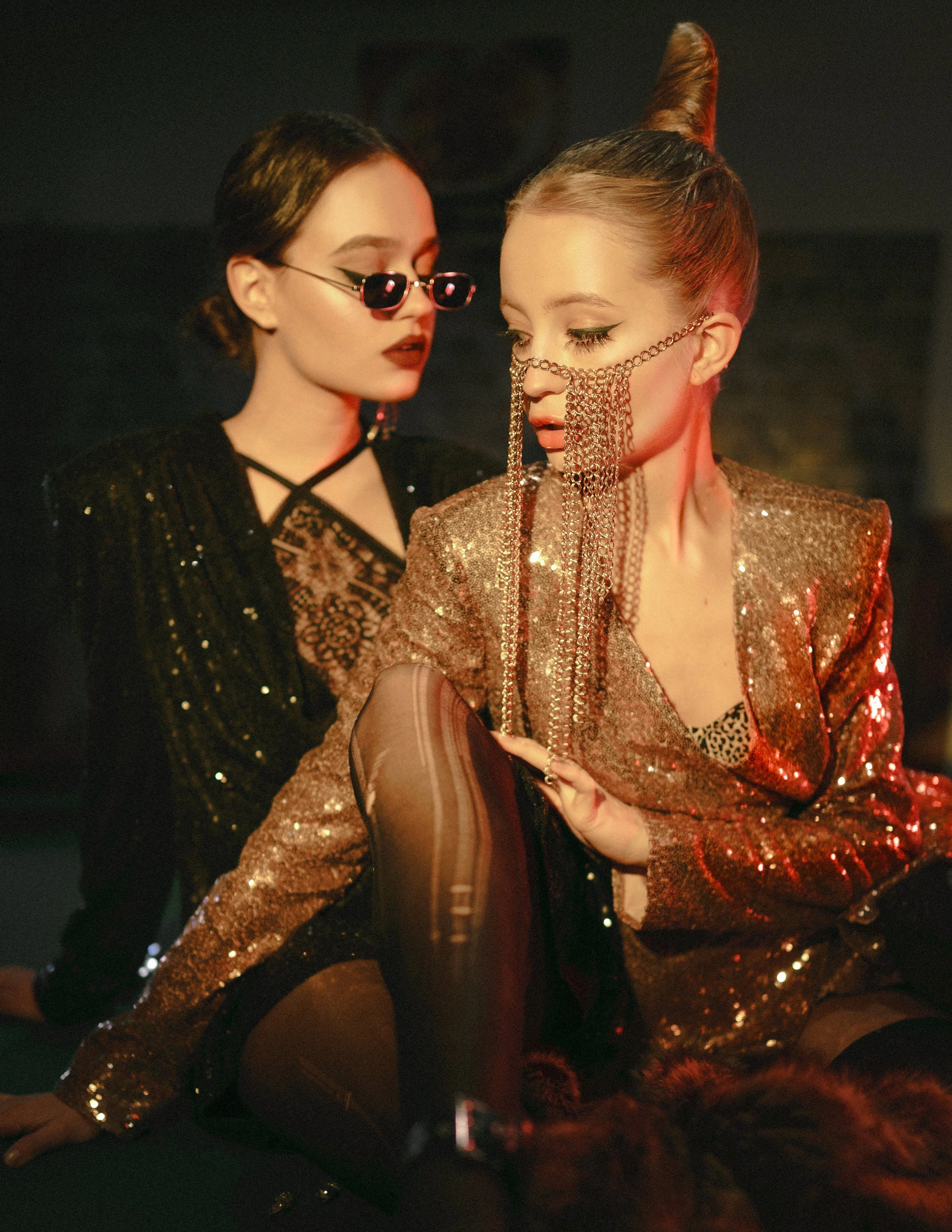  Wardrobe Credits: on Ksenia dress Let's color Atelier @letscolor_atelier,  chain Crystal Obscurity @crystalobscurity, leather coat Ibivio Pelle, earring Dear no Fear @dearnofear, glasses property stylist on Olga fur coat Vintage, dress Let's color A