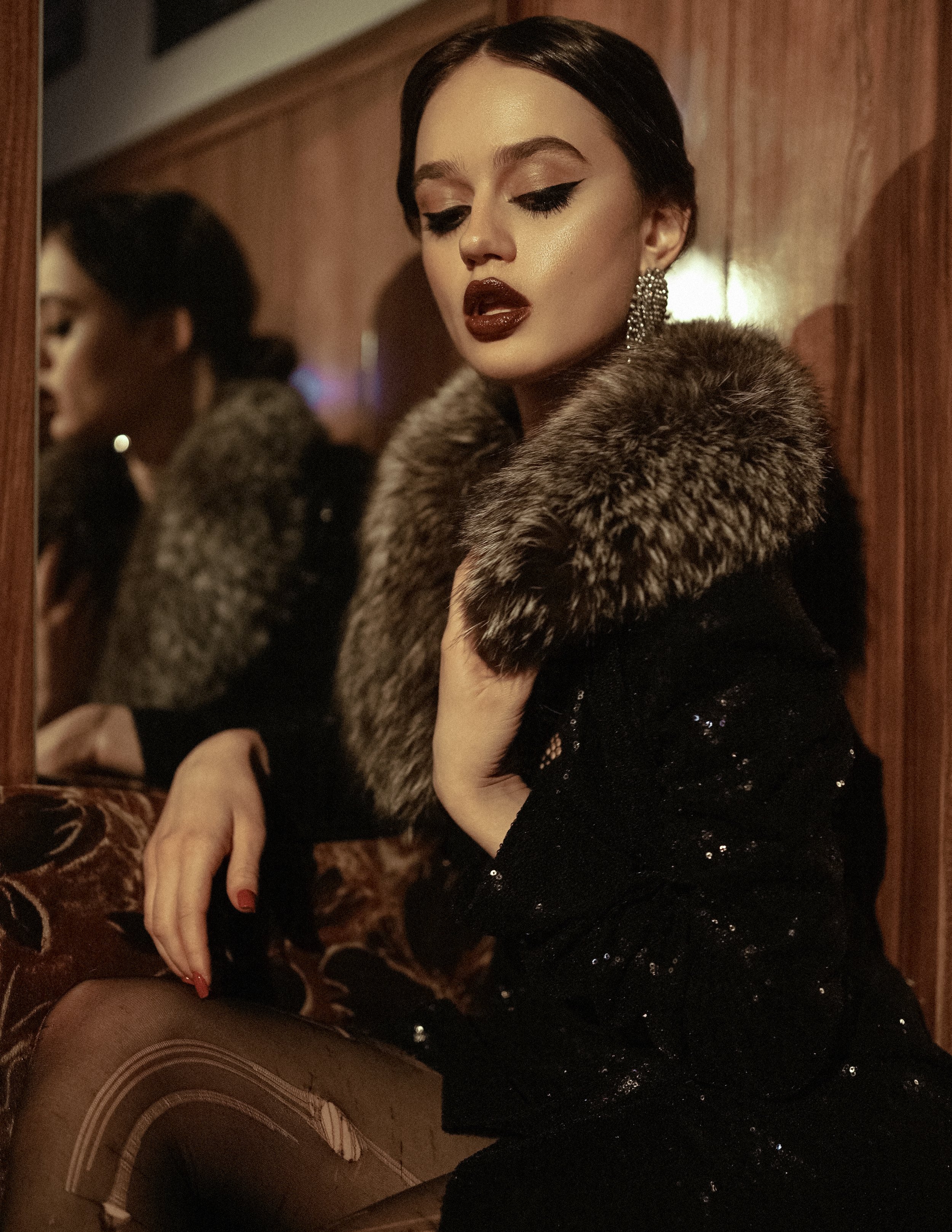  On Ksenia glasses property stylist, leather coat Ibivio Pelle, earring Dear no Fear @dearnofear,chain Crystal Obscurity @crystalobscurity, on Olga fur coat Vintage, dress Let's color Atelier @letscolor_atelier, chain Crystal Obscurity @crystalobscur