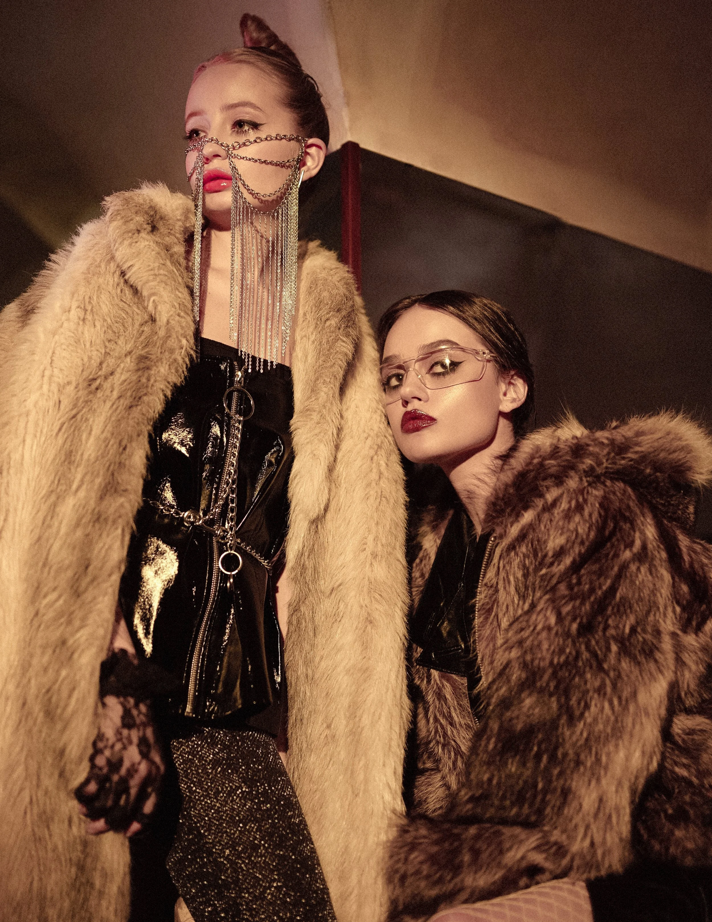  Wardrobe Credits: Fur coat Vintage, trousers H&amp;M, skirt used as a top Bershka collection,&nbsp;chain mask Crystal Obscurity @crystalobscurity, gloves Kryolan @kryolan_spb,   glasses property stylist, leather coat Ibivio Pelle, fur coat Love AiMa