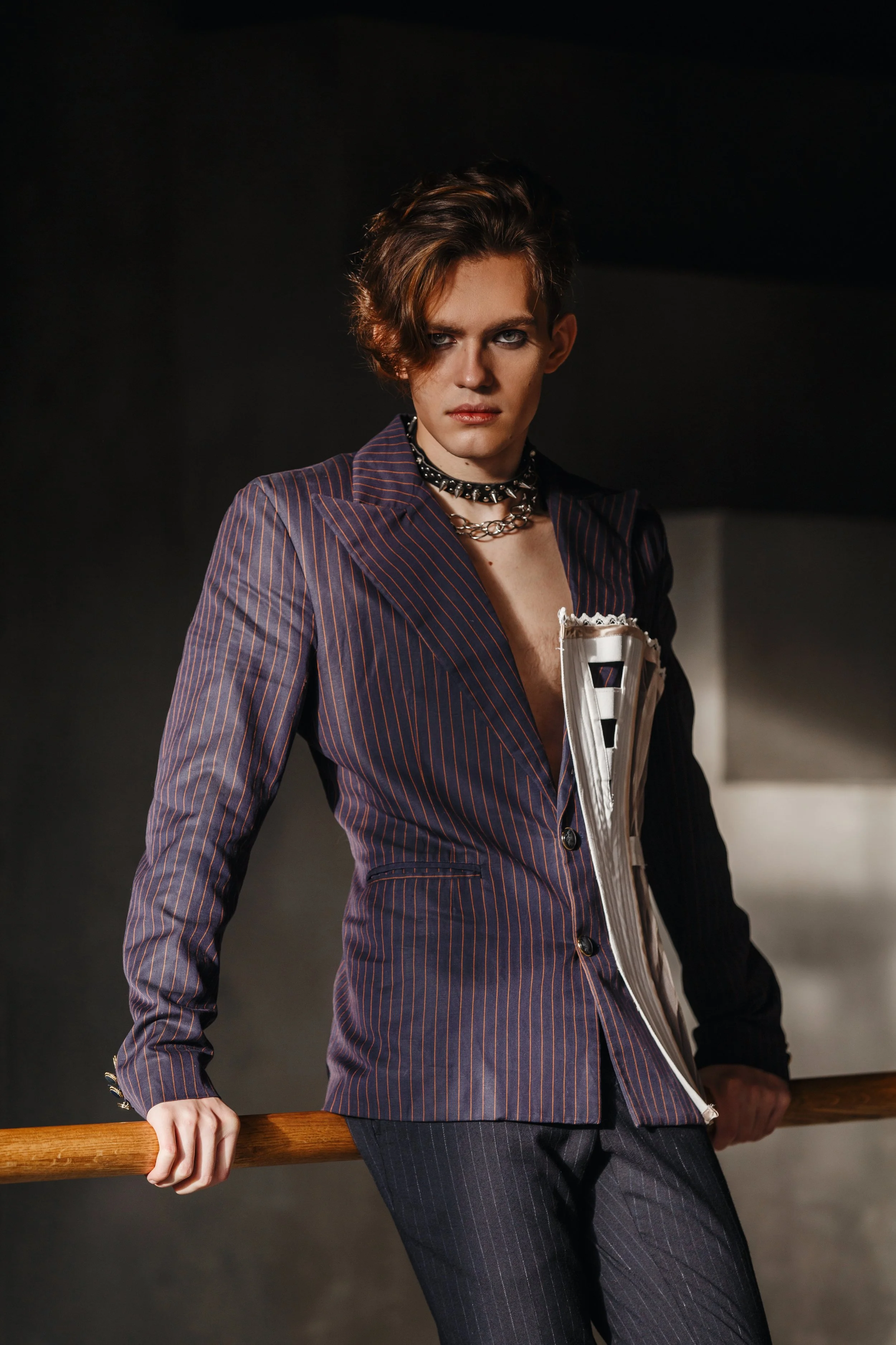  Photographer: Nadya Meleshko  Model: Ilya Chernobavskiy  Wardrobe Stylist: Dolinskaya Diana  Make-Up Artist: Regina Yagofarova    Wardrobe Credits:  Jacket Voronina Ekaterina  Trousers IRO  Collar Vivienne Westwood 