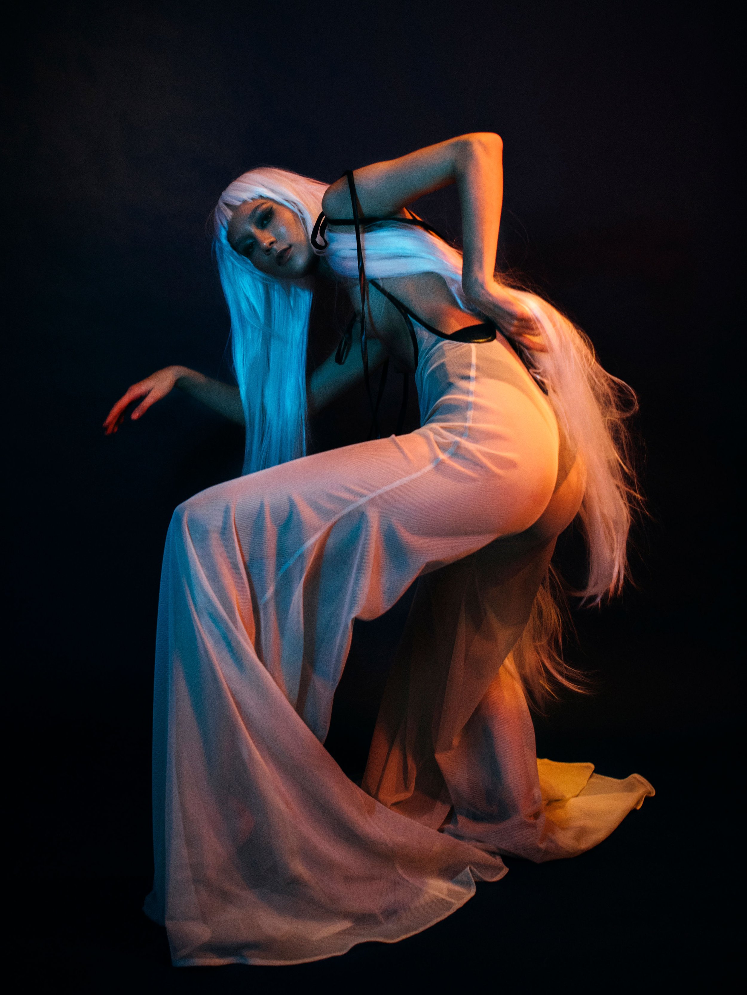  Wardrobe Credits  transparent flared pants with black braces 