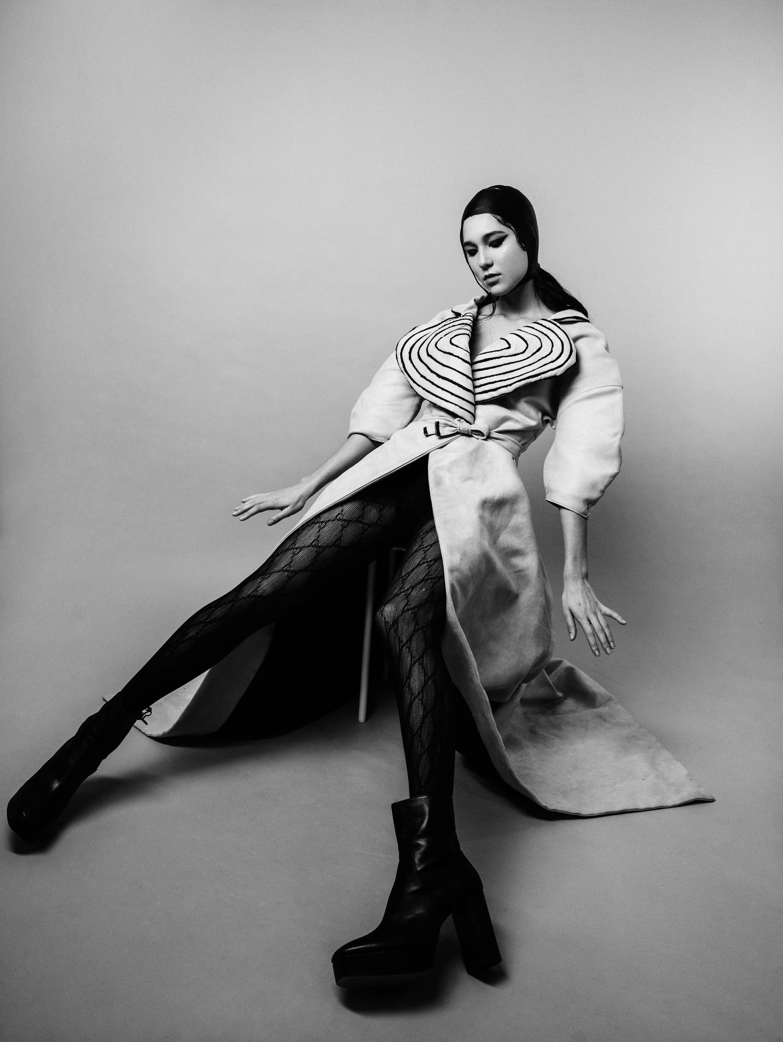  Wardrobe    velours coat with a big striped revers  tights by Gucci   