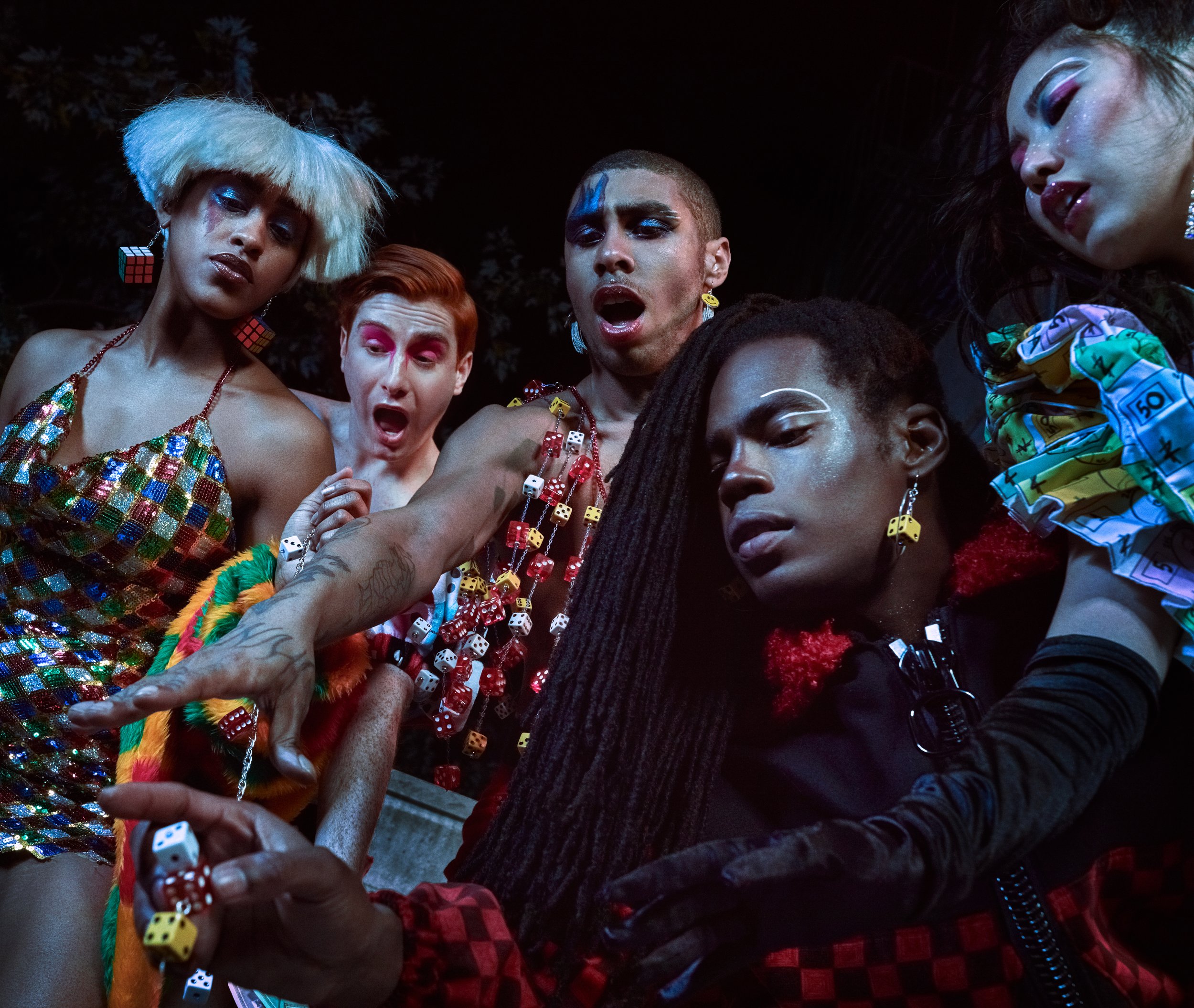  Photographer: Steven Warren      Model: Eric Ellison    Checker corduroy question mark jacket, checker corduroy pants with dice chain      Model: Dash Katz    Deconstructed fuzzy dice dress with puff sleeve      Model: Tommy Playboy    Dice chain to