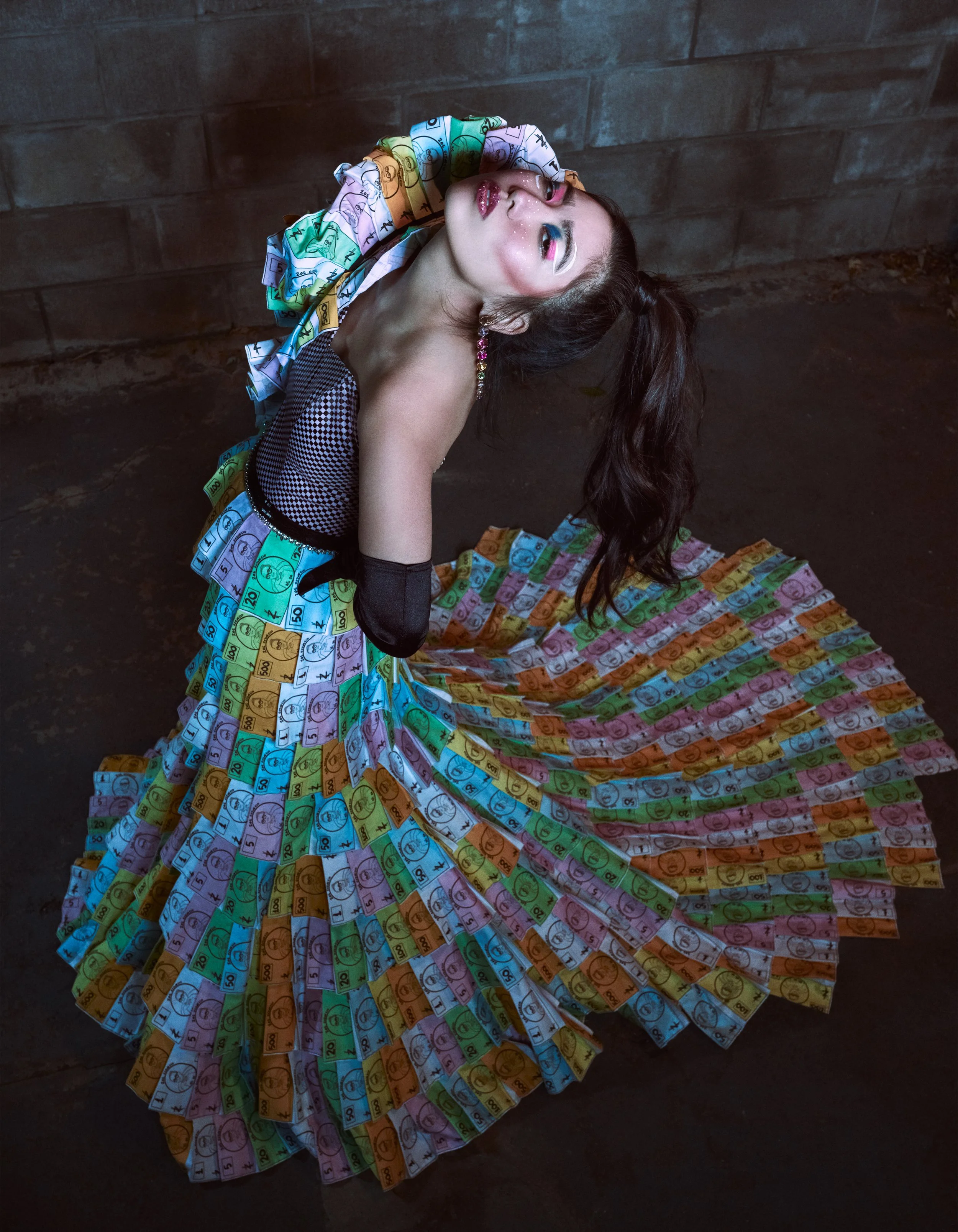  Photographer: Steven Warren      Model: Shiho Matsuoka    Play money pleated gown      Makeup Artist: Amirah Stone    Fashion Designer: Zoe Grinfeld    Wardrobe Stylist: Brandon Foster   