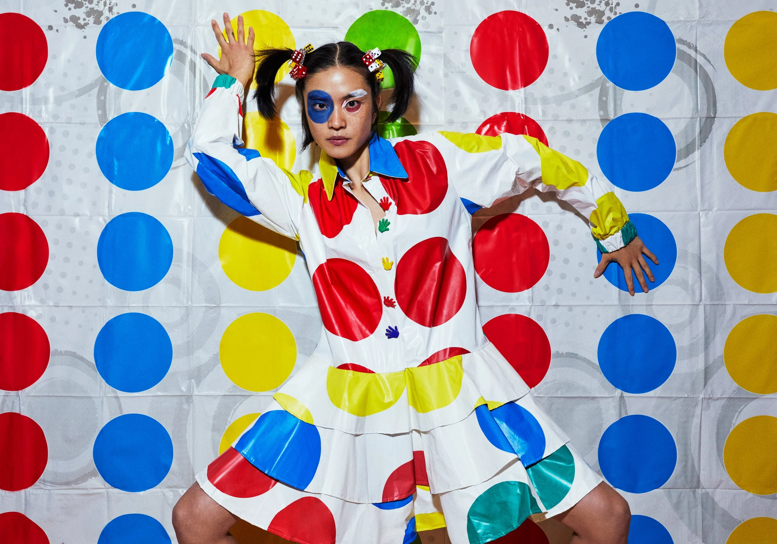  Photographer: Steven Warren      Model: Kiki Harada    Upcycled Twister dress      Makeup Artist: Amirah Stone    Fashion Designer: Zoe Grinfeld    Wardrobe Stylist: Brandon Foster   