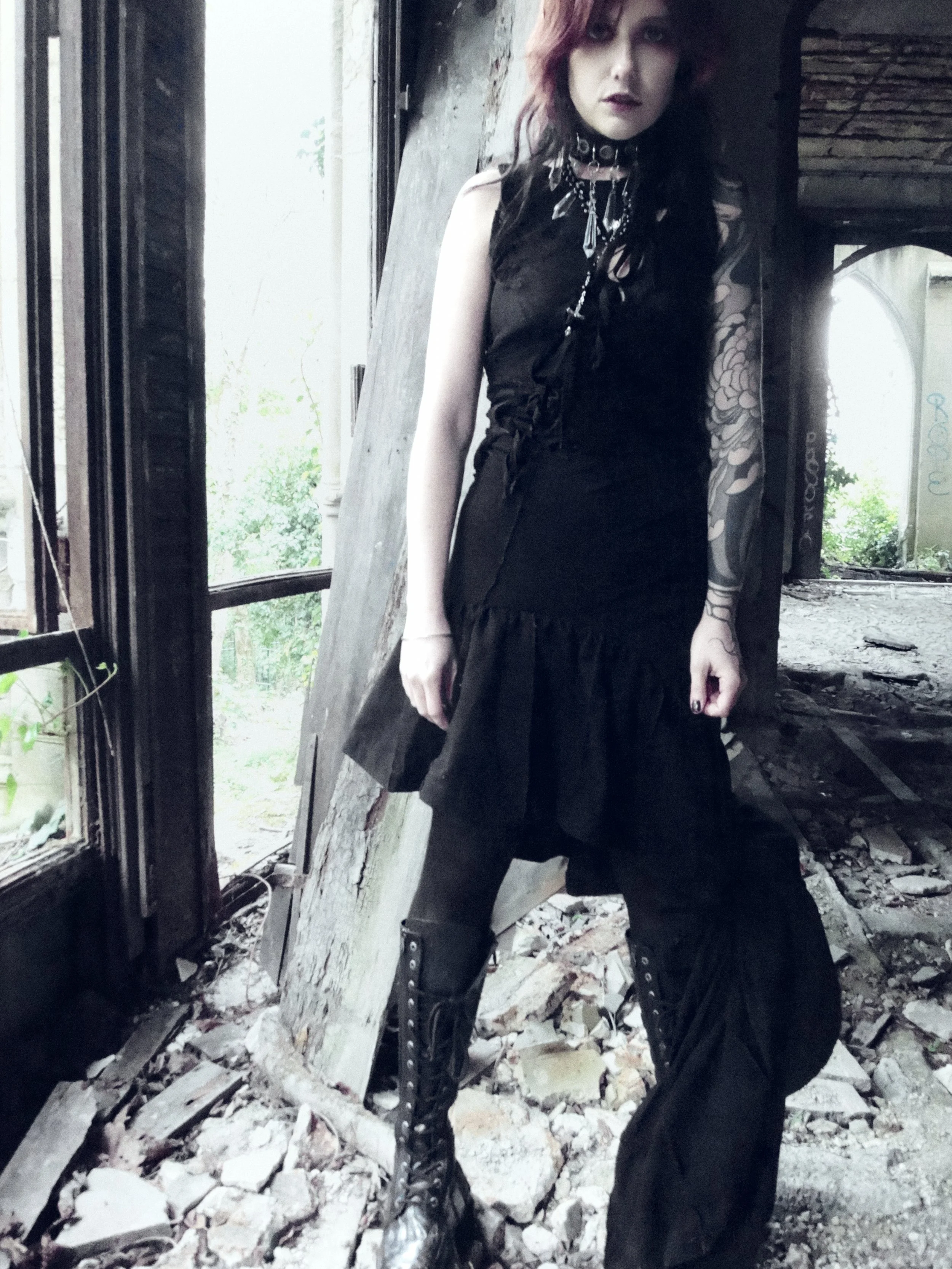   Top: RHIDANCEY (via Studio Paillette)    Dress: MAHAUD (via Studio Paillette)    Choker: JUDASSIME    Boots: NEW ROCK  