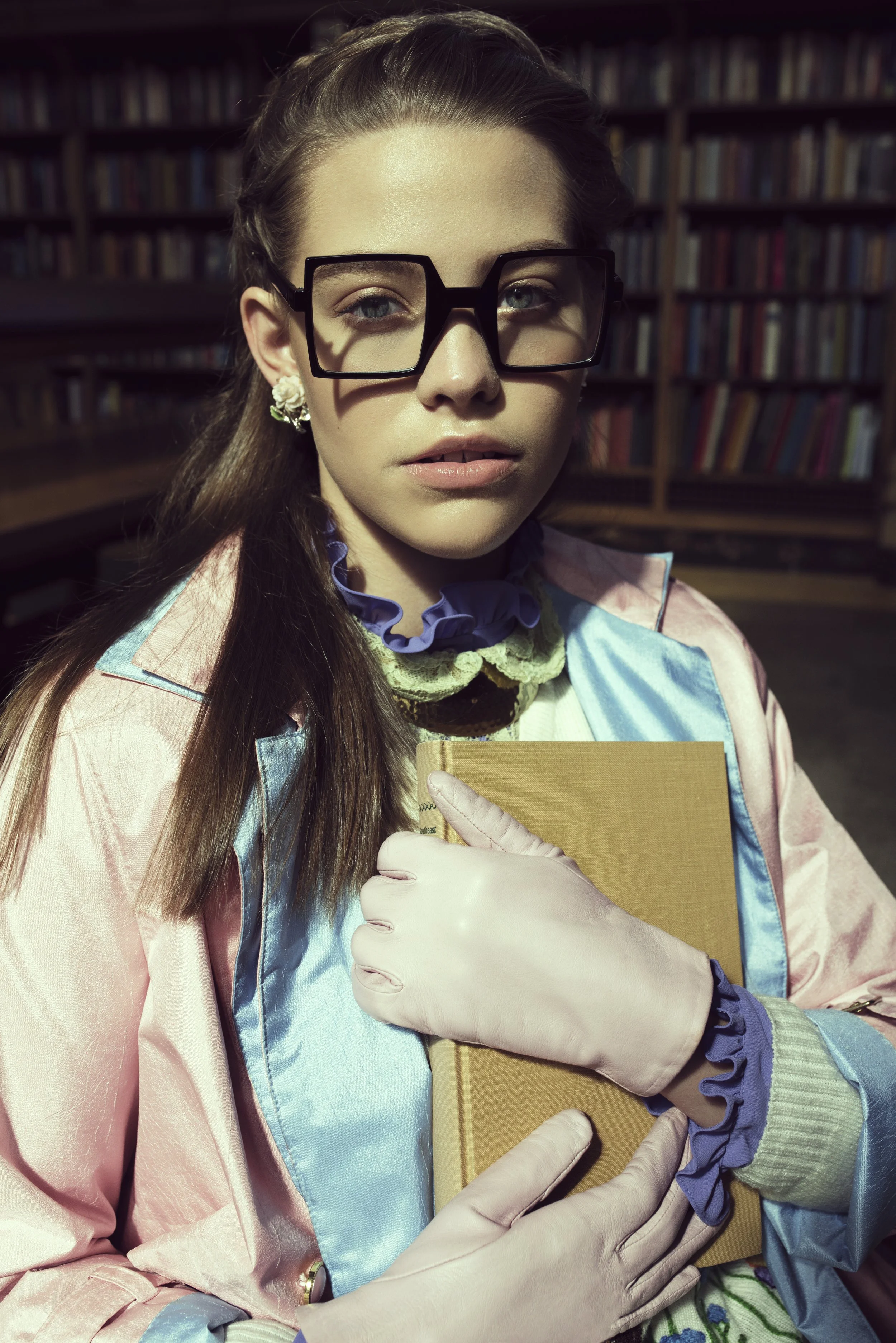   Wardrobe Credits    Earrings - No Label - White Rose Enamel Clip On Earrings from the 1970s courtesy of Red Light Vintage Necklace - Topshop - Collar Necklace Glasses - Burberry - Square Frame Glasses Gloves - No Label - Pink Leather Gloves courtes