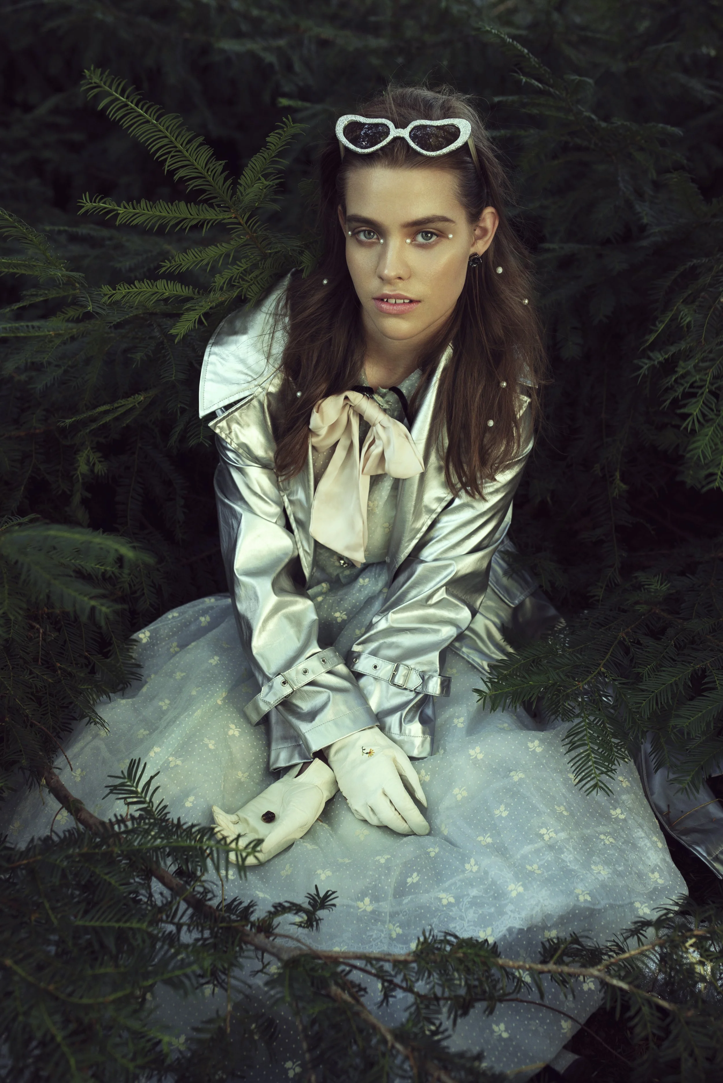   Wardrobe Credits    Sunglasses - Stylist's Own - Silver Glitter Heart Shaped Cat Eye Sunglasses Earrings - Stylist's Own - Silver Stud Earrings Bow Ribbon Tie - Photographer's Own - Blush Pink Bow Gloves - No Label - White Leather Gloves with Hand 