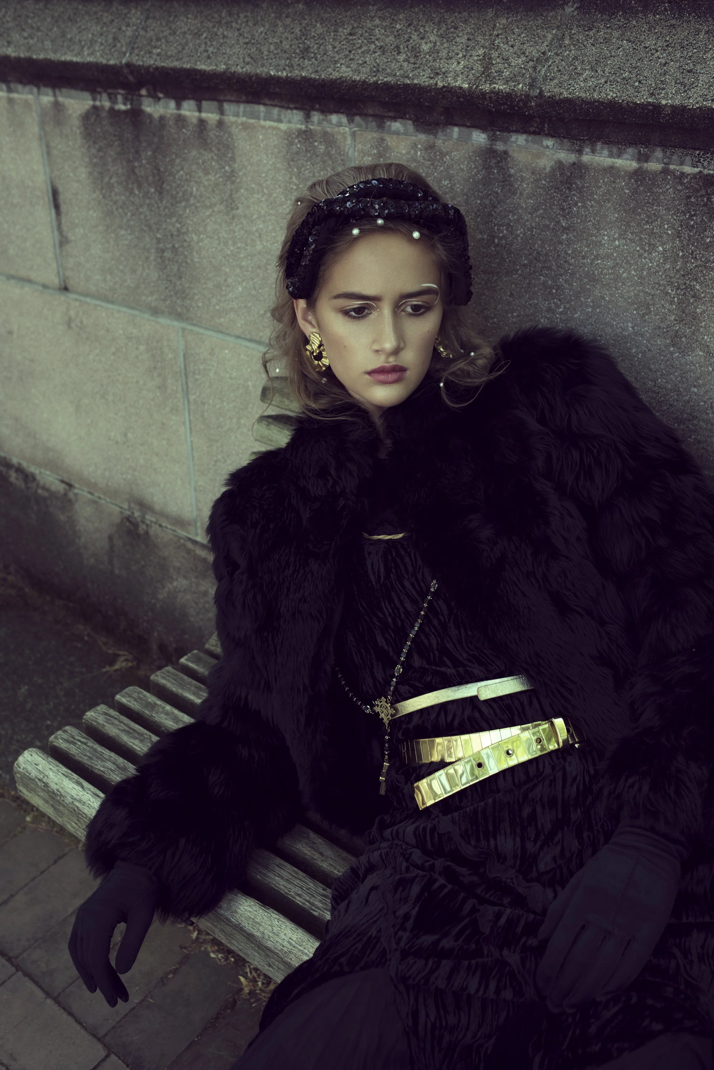   Wardrobe Credits    Headpiece - No Label - Black Sequin Headpiece from the 1940s courtesy of Red Light Vintage Earrings - Monet or Stylist's Own - Gold Clip On Earrings Necklace - Stylist's Own - Gold Chain Rosary -Virgins, Saints, &amp; Angels - B