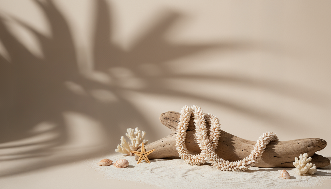 Niʻihau shell lei on driftwood