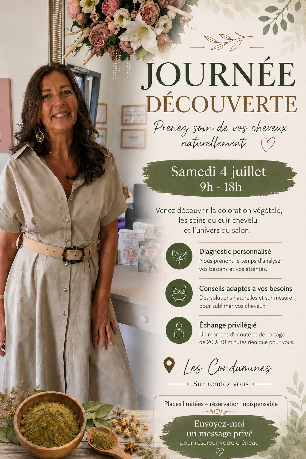 Affiche promotionnelle pour une journée découverte sur les soins capillaires naturels, avec date, heure, et contact, affichée à côté d'une femme souriante en tenue beige, dans un espace décoré de fleurs et de brochures.