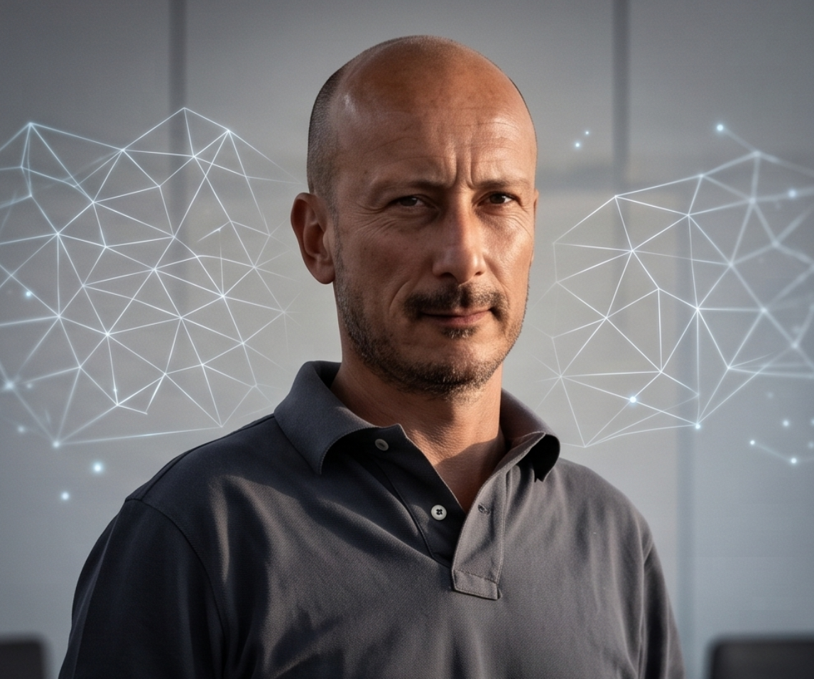 A middle-aged man with a bald head and slight beard, wearing a gray collared shirt, standing indoors with a neutral expression. Digital network graphics are overlaid in the background.