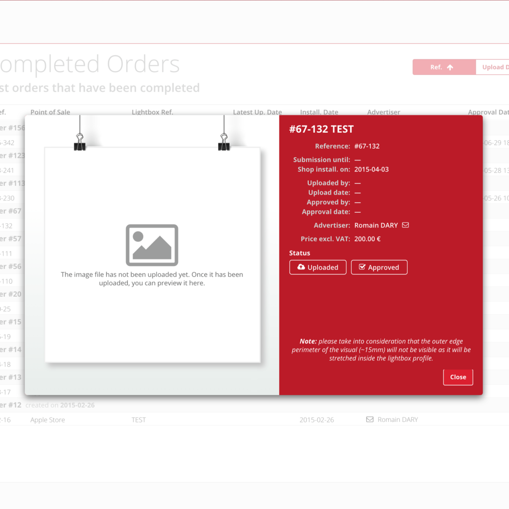 A digital interface showing an incomplete order form with a red details panel on the right, including order information and status, and a placeholder for an upload image on the left.