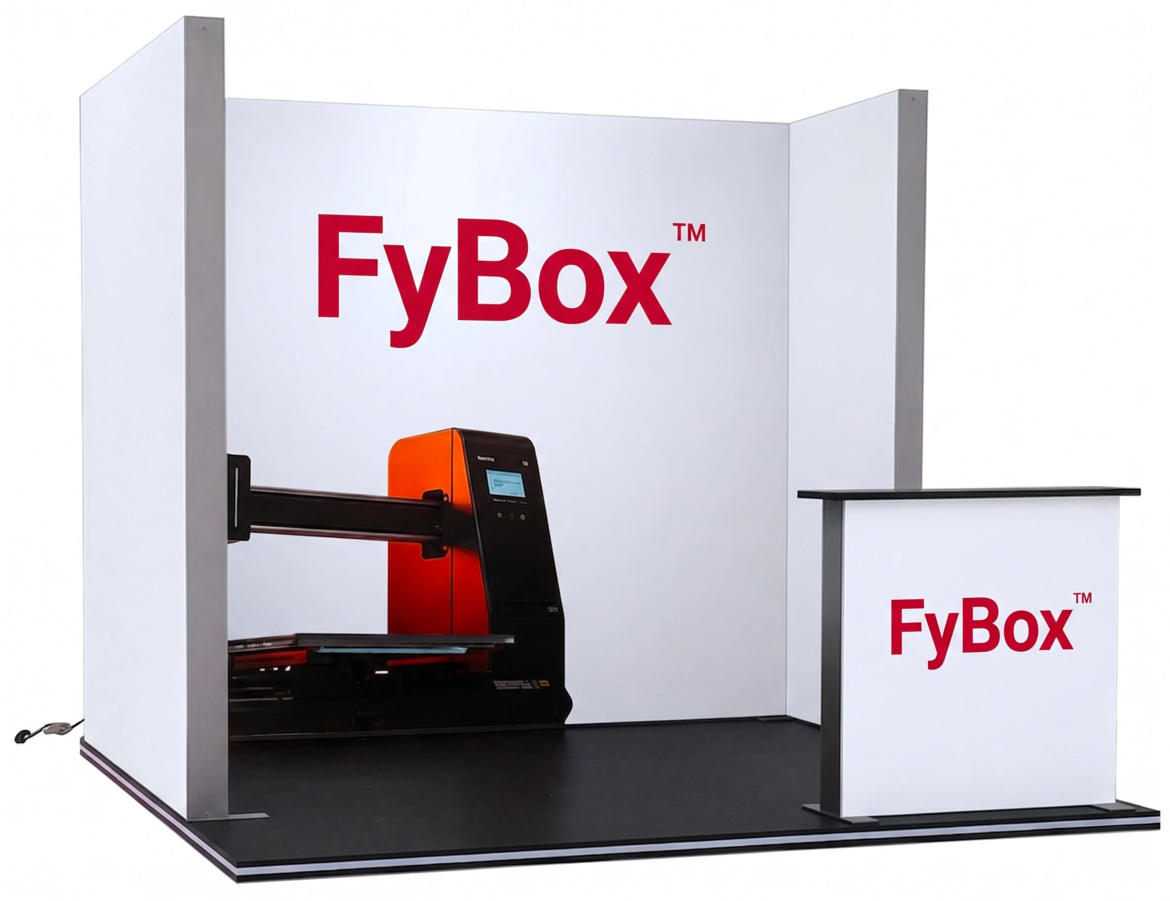 A 3D rendering of an FyBox 3D printer enclosed in a white box with the red FyBox logo on the front and a control panel on the side, set on a black platform with a metal table to the right.