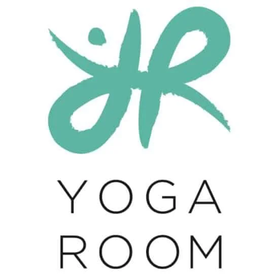 A logo with a stylized teal-colored 'HR' symbol above the words 'YOGA ROOM' in black, uppercase letters.