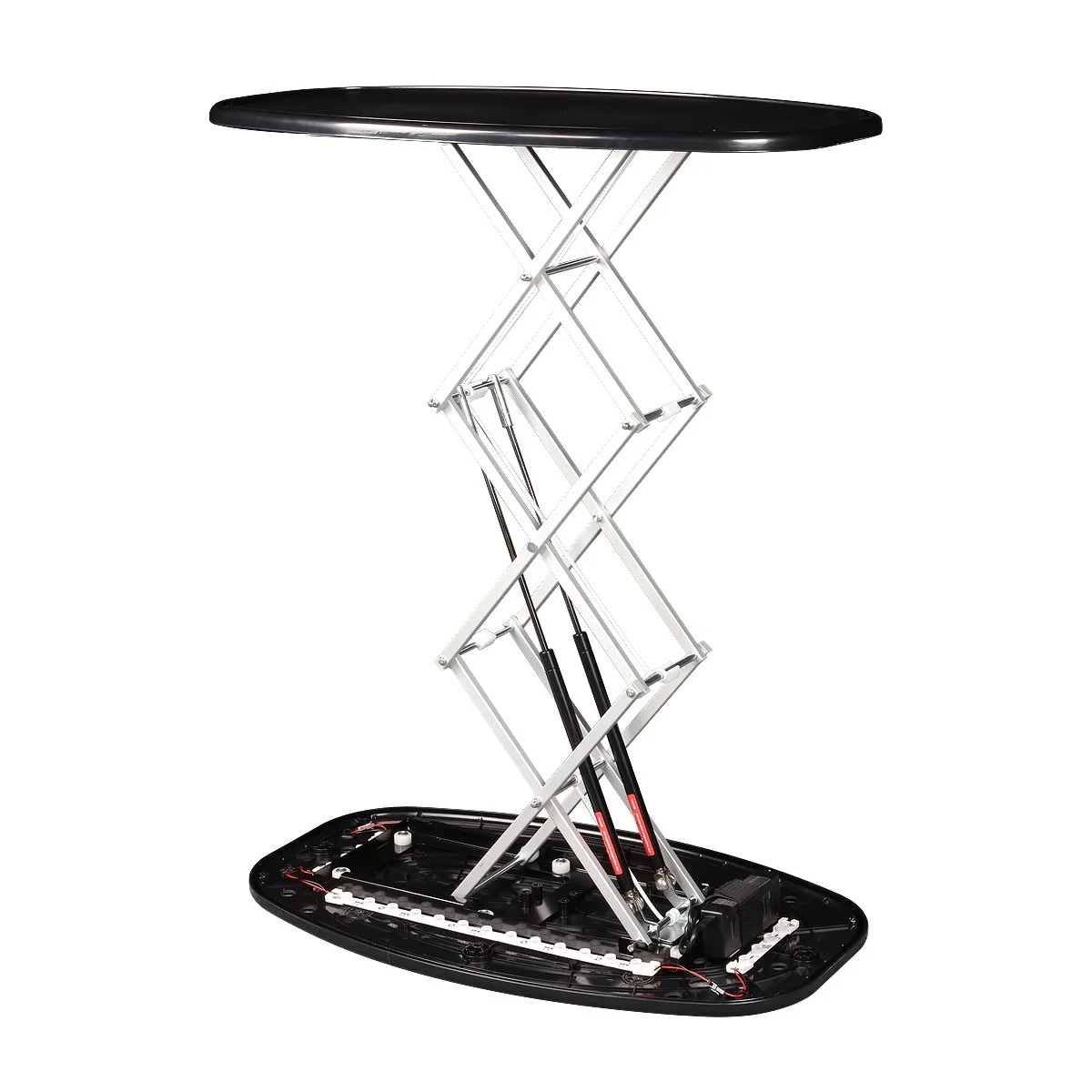 An elliptical scissor lift with a black top and base, and a metallic frame, standing upright.