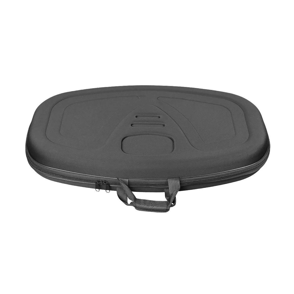 Black hard-shell carrying case with zipper closure and handle.