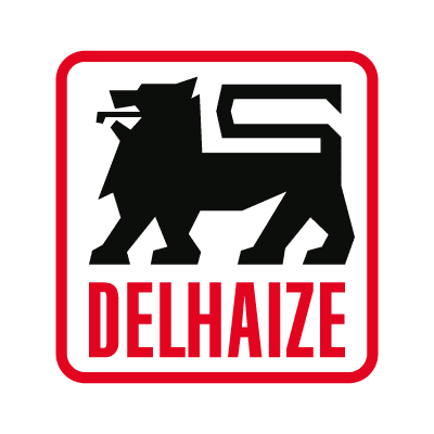 Logo with a black lion and the text 'Delhaize' in red.