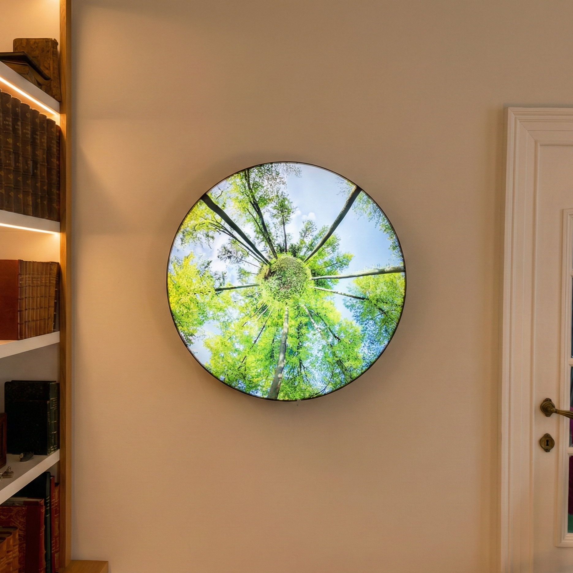 Round mirror on wall showing tree branches and green leaves against blue sky outside.