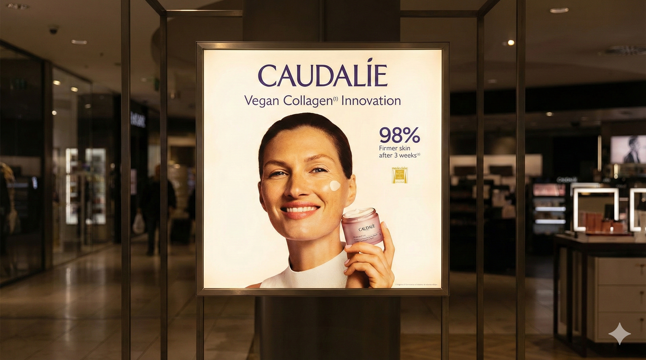 Advertisement for Caudalie vegan collagen product featuring a smiling woman holding a jar of the product, with text highlighting 98% firmer skin after three weeks.