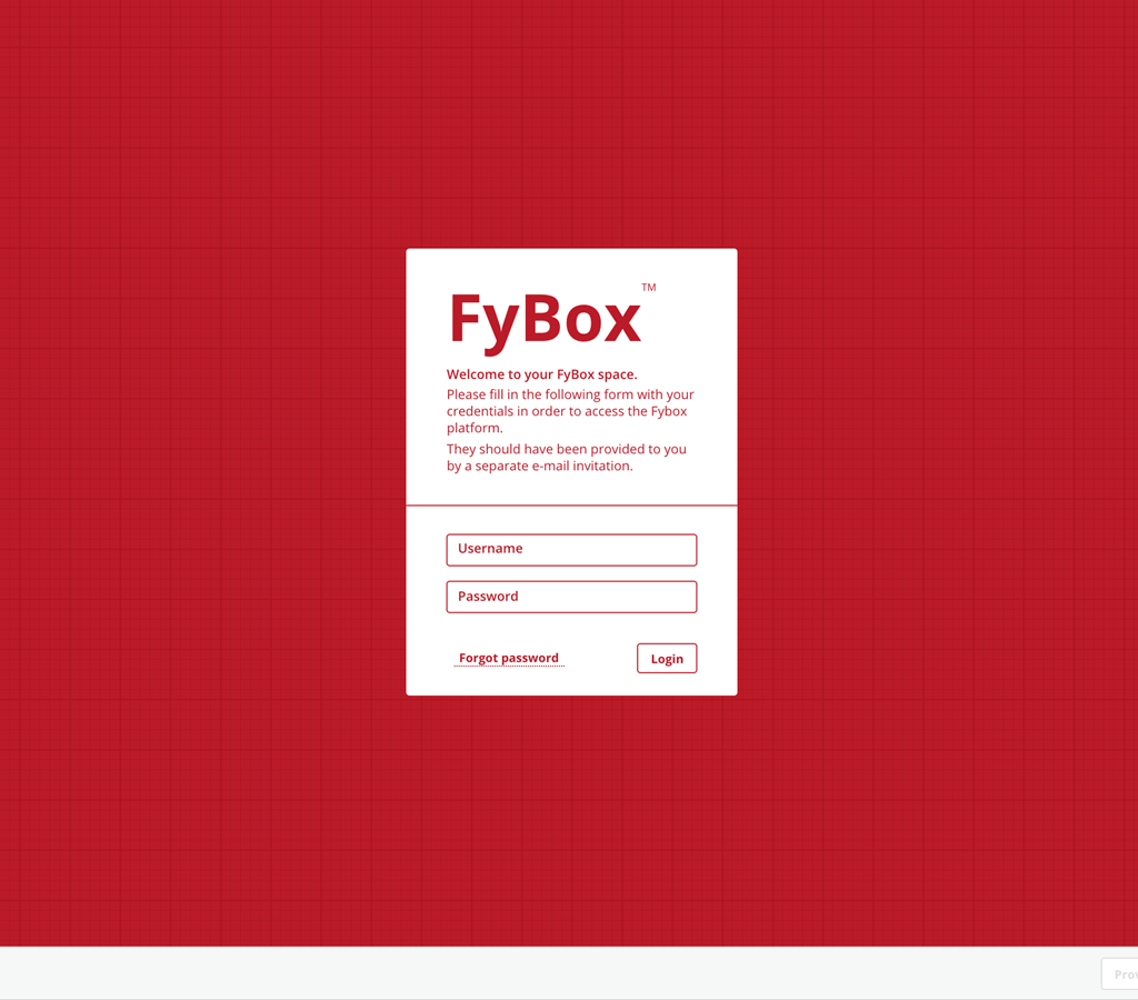 Login screen for FyBox platform with fields for username and password on a red background.