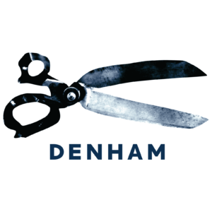 A pair of black scissors with the word 'DENHAM' written below them.