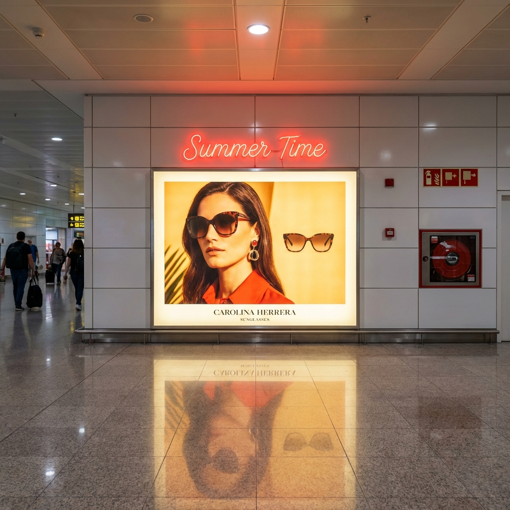 Advertisement for Carolina Herrera sunglasses featuring a woman with long dark hair wearing sunglasses, with a pair of sunglasses displayed beside her. Text above reads 'Summer Time' in red neon lights.